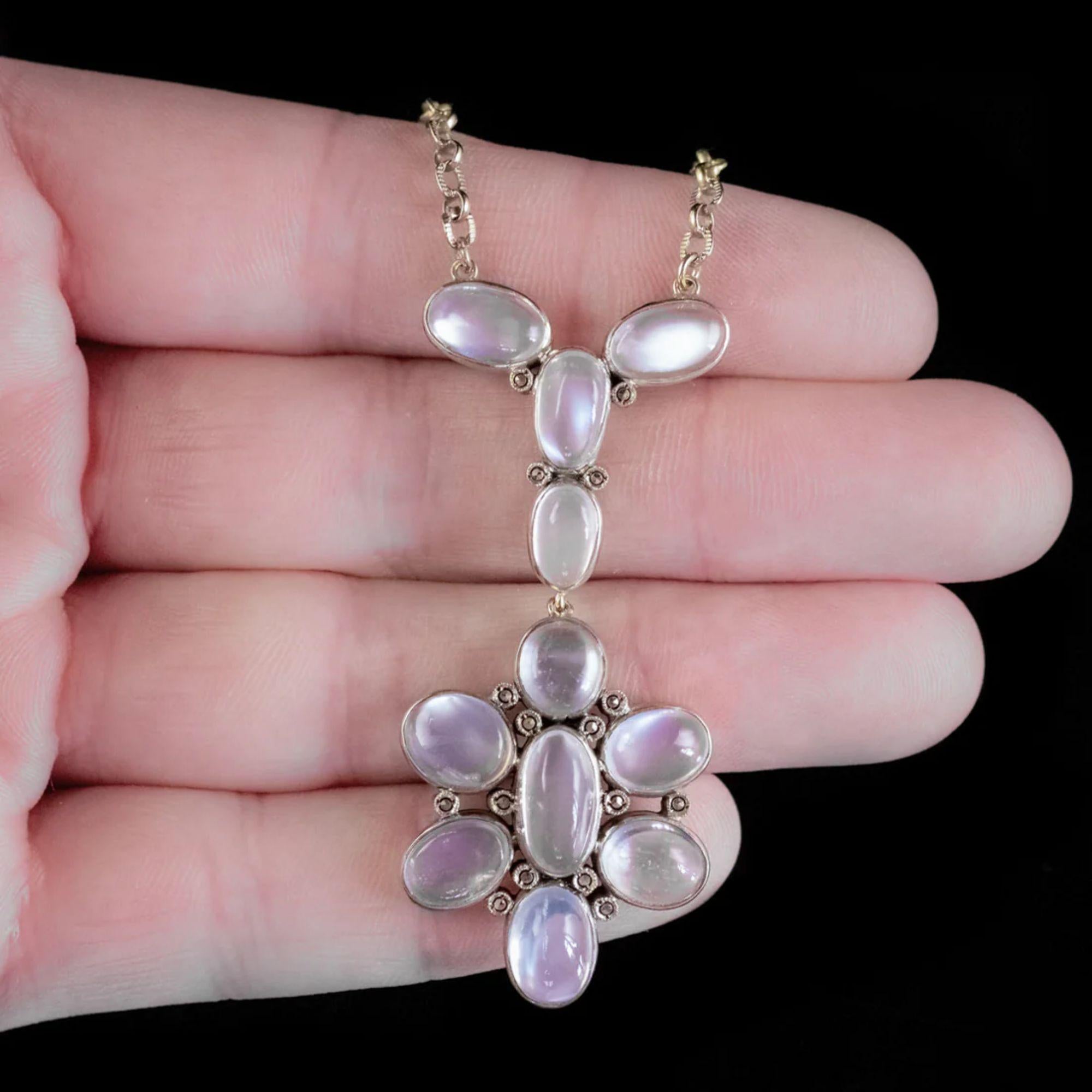 Women's Antique Edwardian Moonstone Lavaliere Pendant Necklace Silver Gold Gilt For Sale