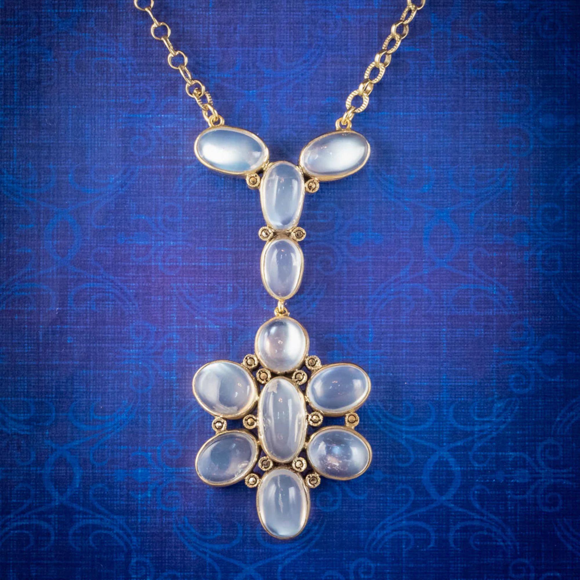 Antique Edwardian Moonstone Lavaliere Pendant Necklace Silver Gold Gilt For Sale 1