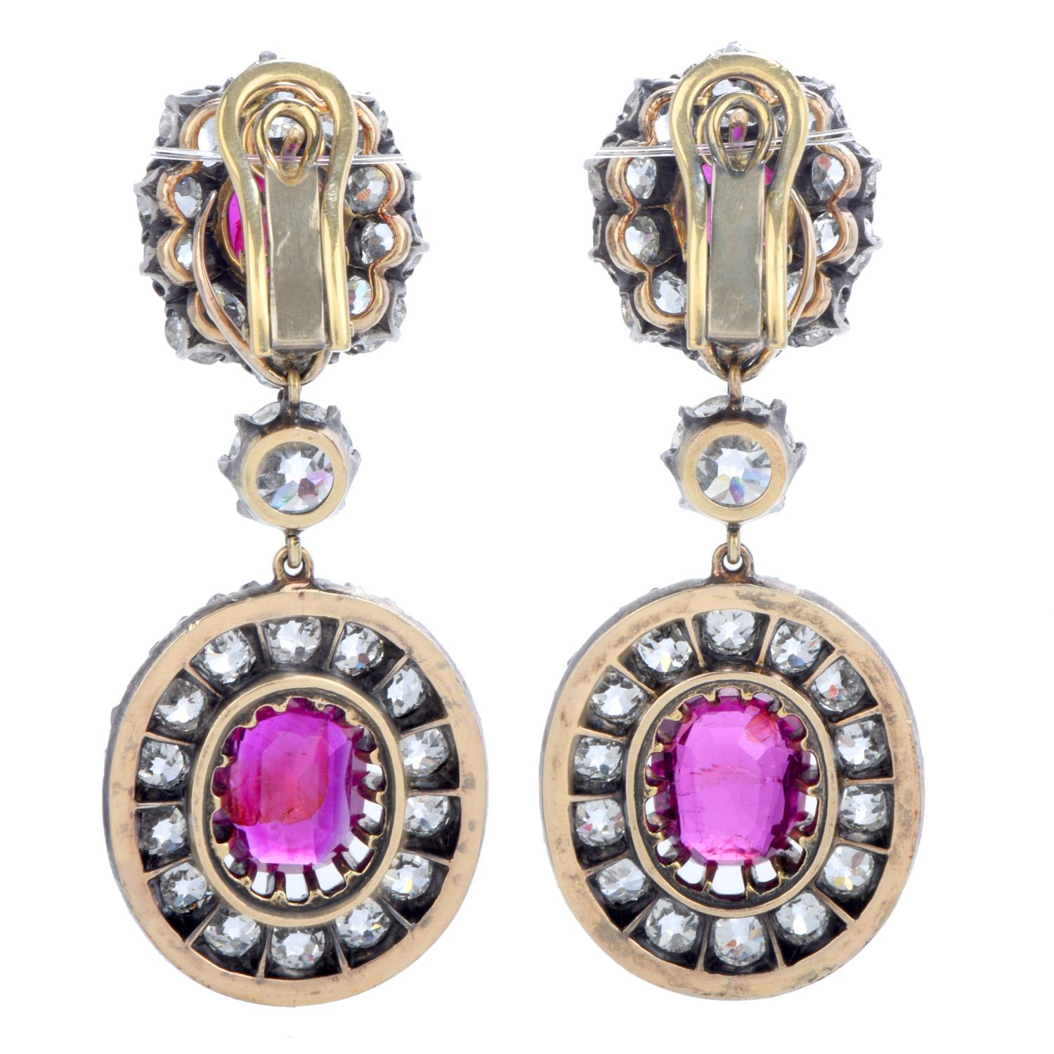 Antike Edwardianische Blumenohrringe, natürlicher Burma Rubin Diamant Gold Silber (Kissenschliff)
