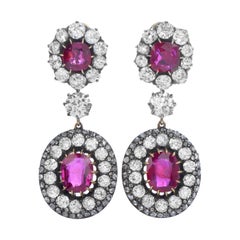 Antike Edwardianische Blumenohrringe, natürlicher Burma Rubin Diamant Gold Silber