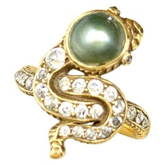 Antico anello a serpente in oro giallo 18 carati con diamante e perle naturali di epoca edoardiana
