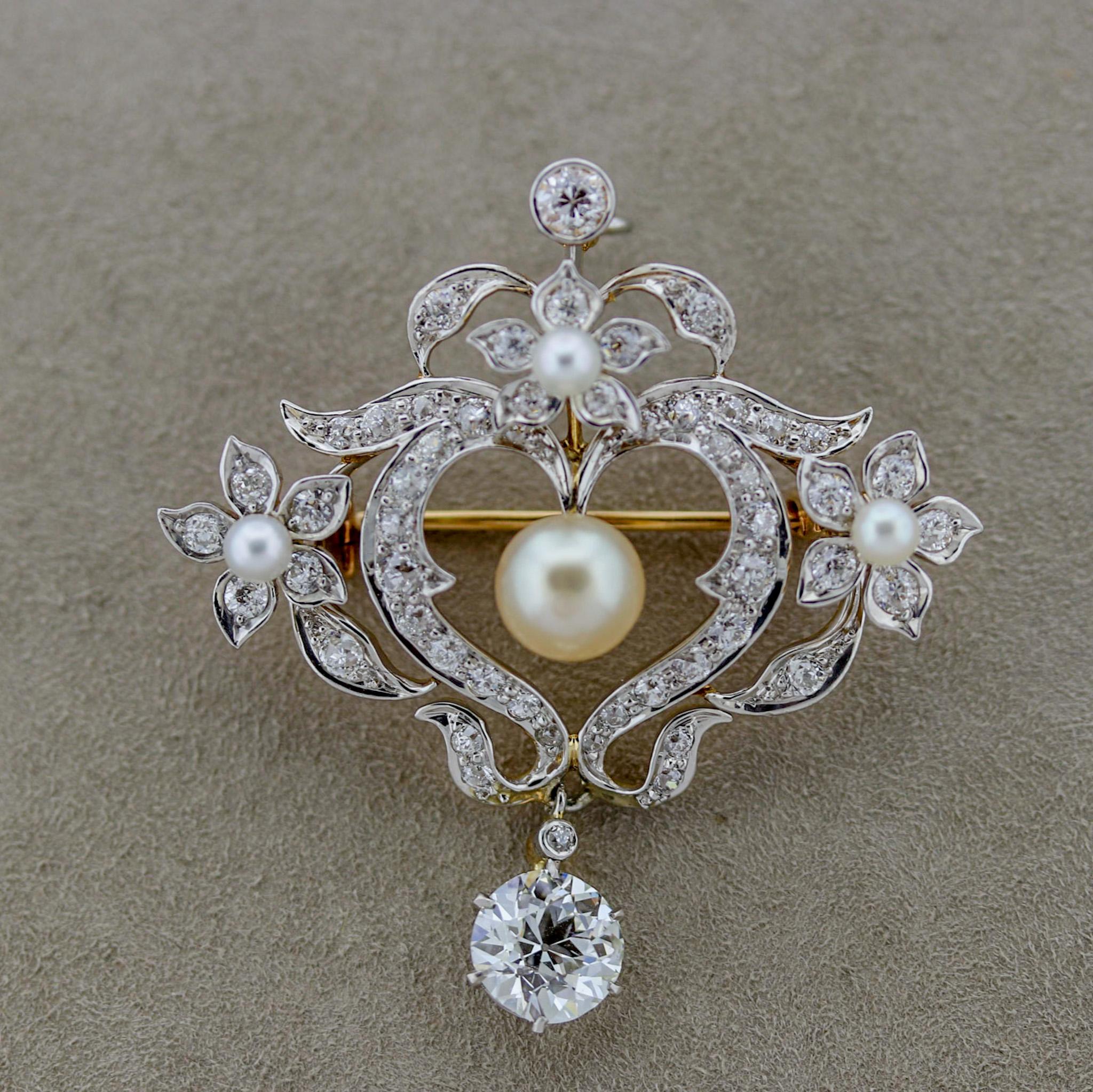 Mixed Cut Antique Edwardian Natural Pearl Diamond Gold Drop Pendant Brooch, GIA Certified For Sale