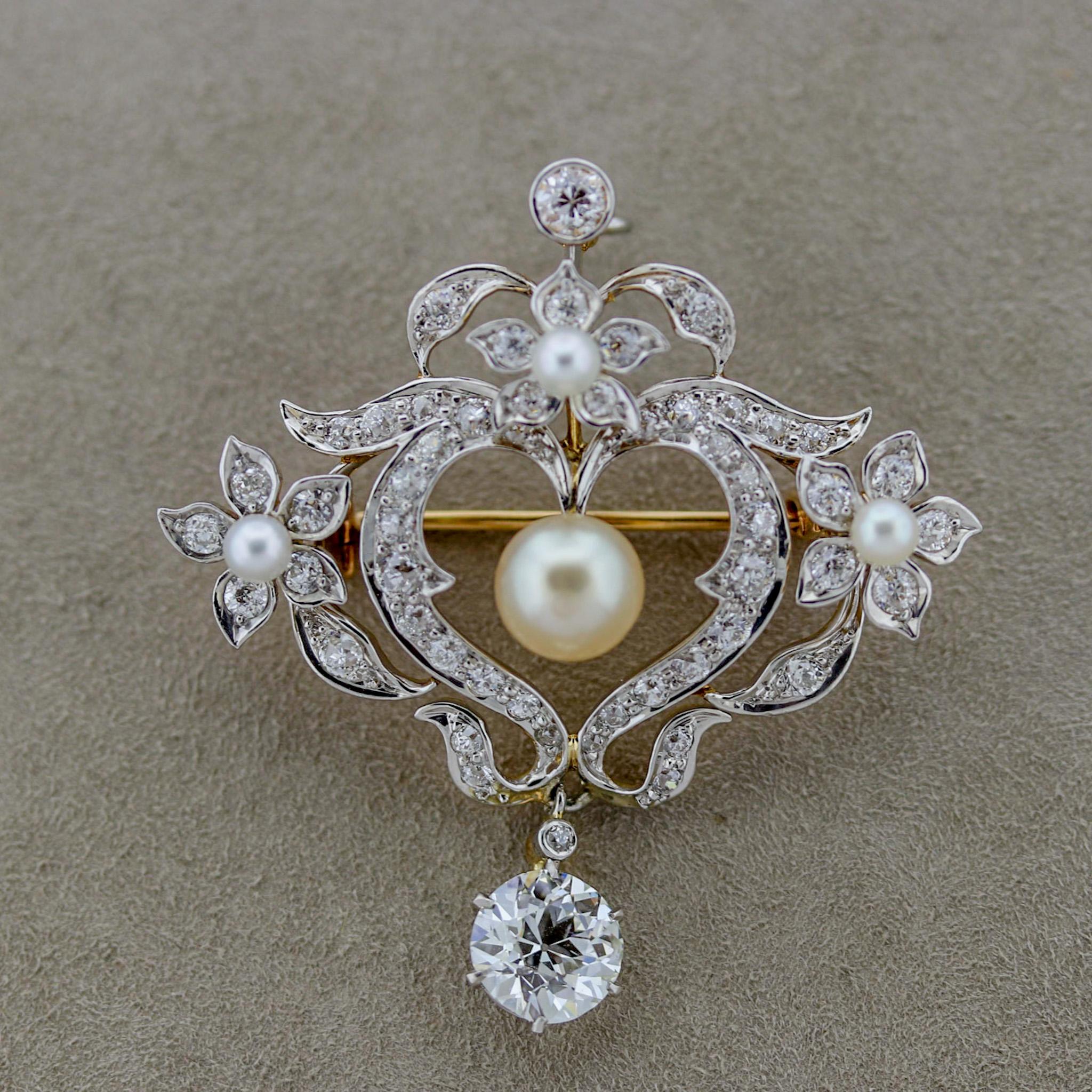 Antiguo broche eduardiano de oro con perla natural y diamantes en forma de gota, certificado GIA Corte mixto en venta