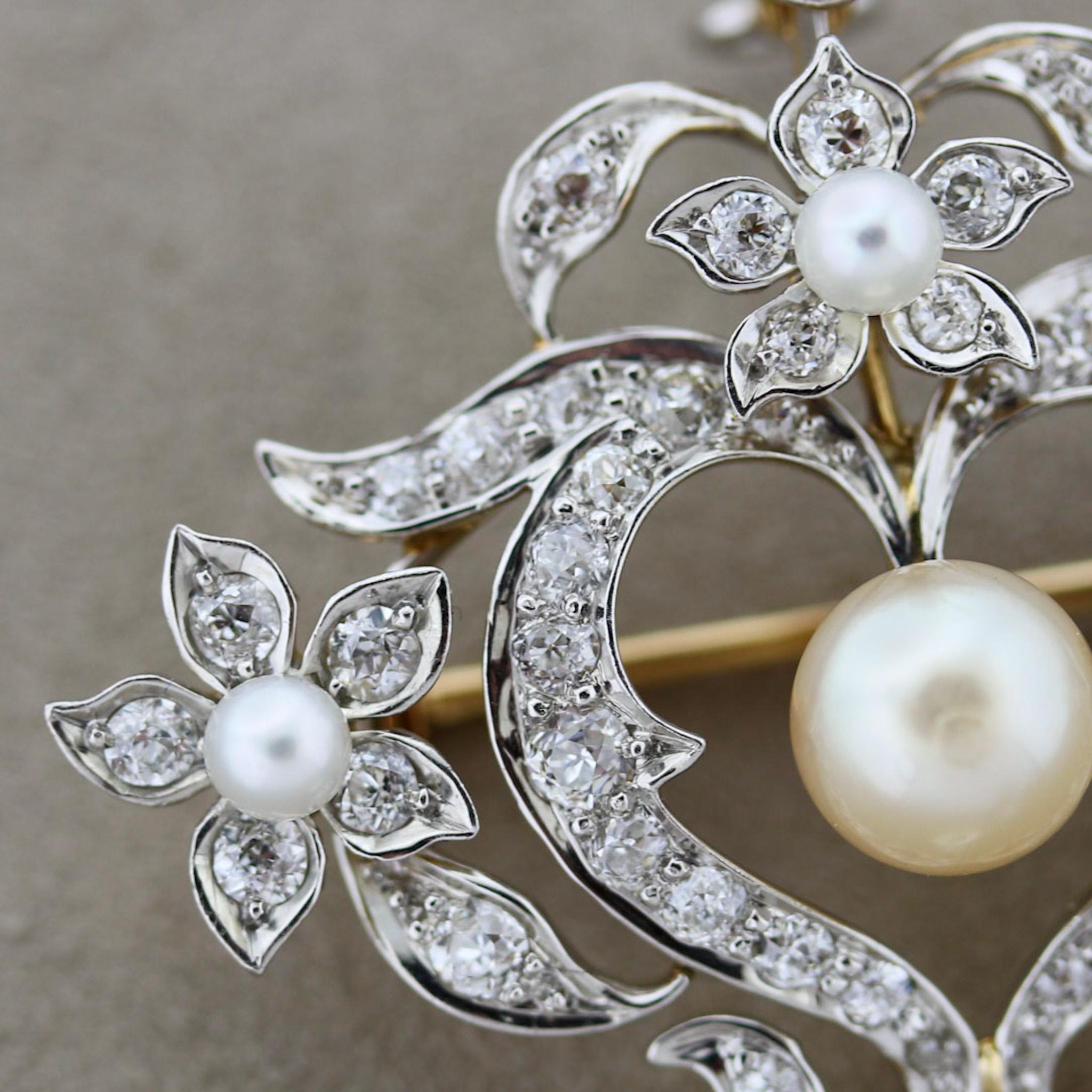 Broche pendentif édouardienne ancienne en or avec perles naturelles et diamants, certifiée GIA Excellent état - En vente à Beverly Hills, CA