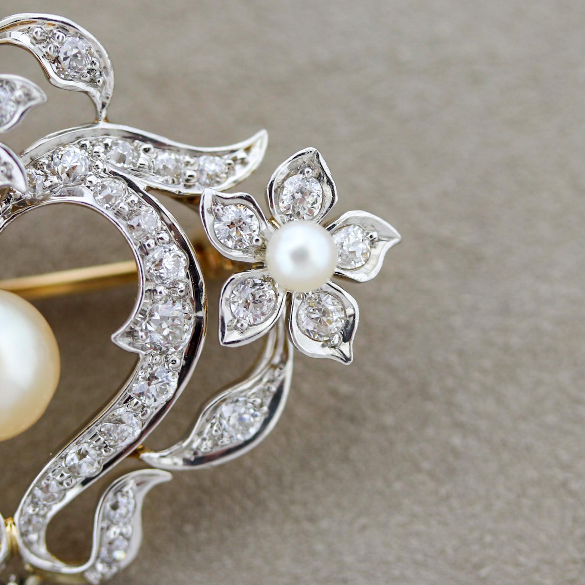 Broche pendentif édouardienne ancienne en or avec perles naturelles et diamants, certifiée GIA Pour femmes en vente