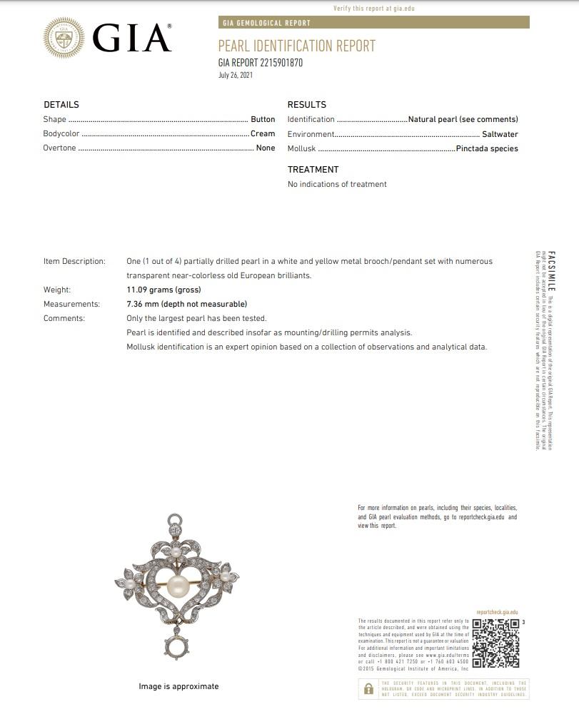 Antiguo broche eduardiano de oro con perla natural y diamantes en forma de gota, certificado GIA en venta 3