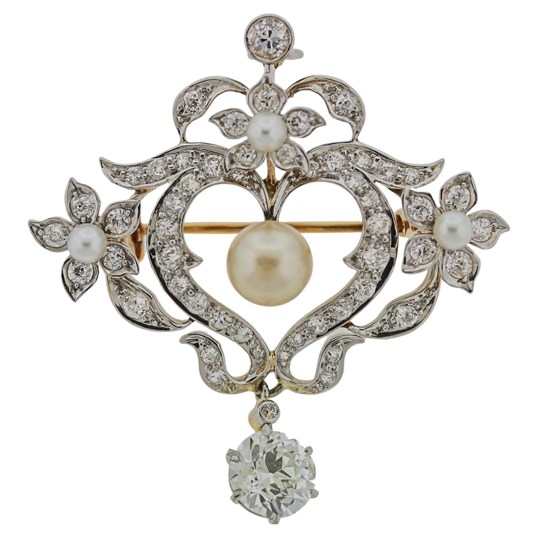 Antike edwardianische Naturperlen-Diamant-Gold-Tropfen-Anhänger-Brosche, GIA-zertifiziert
