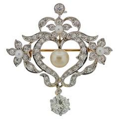 Antique Edwardian Natural Pearl Diamond Gold Drop Pendant Brooch, GIA Certified