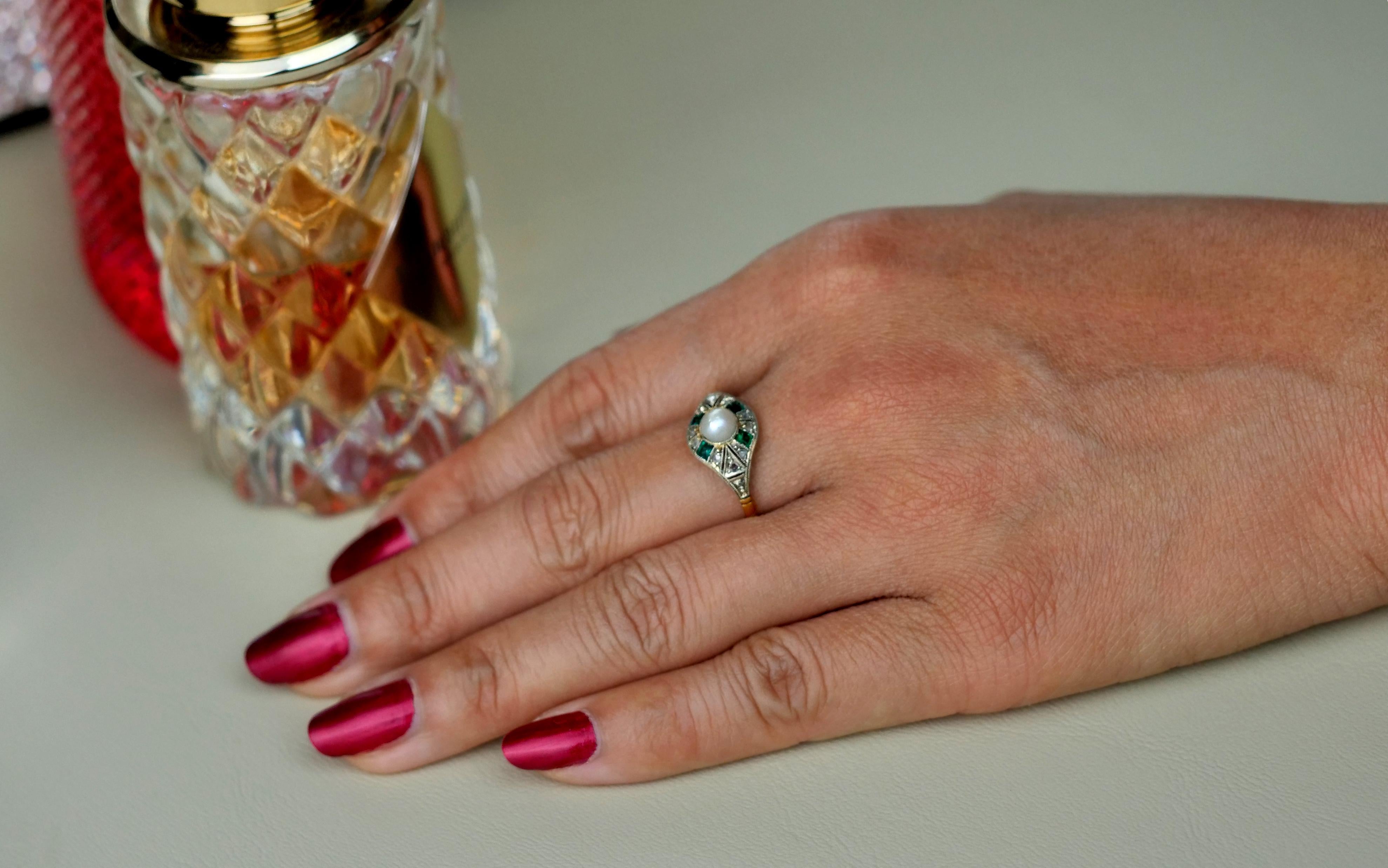 Antique Edwardian Natural Pearl, Emerald and Rose Cut Diamonds in 18 Karat Gold 2