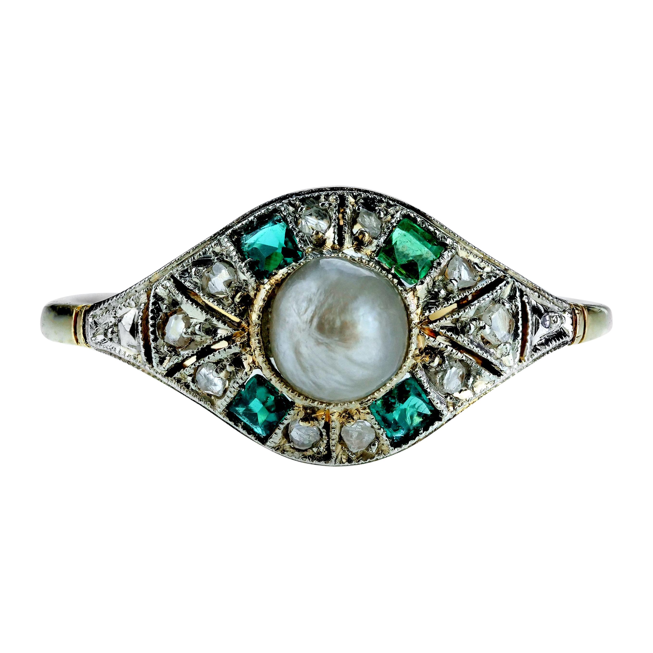 Antique Edwardian Natural Pearl, Emerald and Rose Cut Diamonds in 18 Karat Gold
