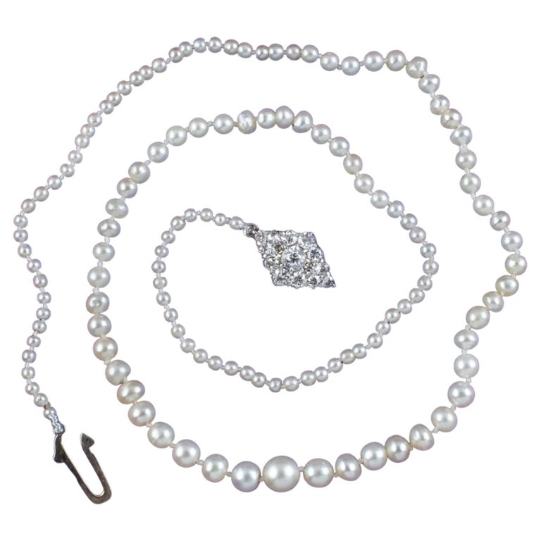 Antique Edwardian Natural Pearl Necklace Diamond Clasp For Sale at 1stDibs