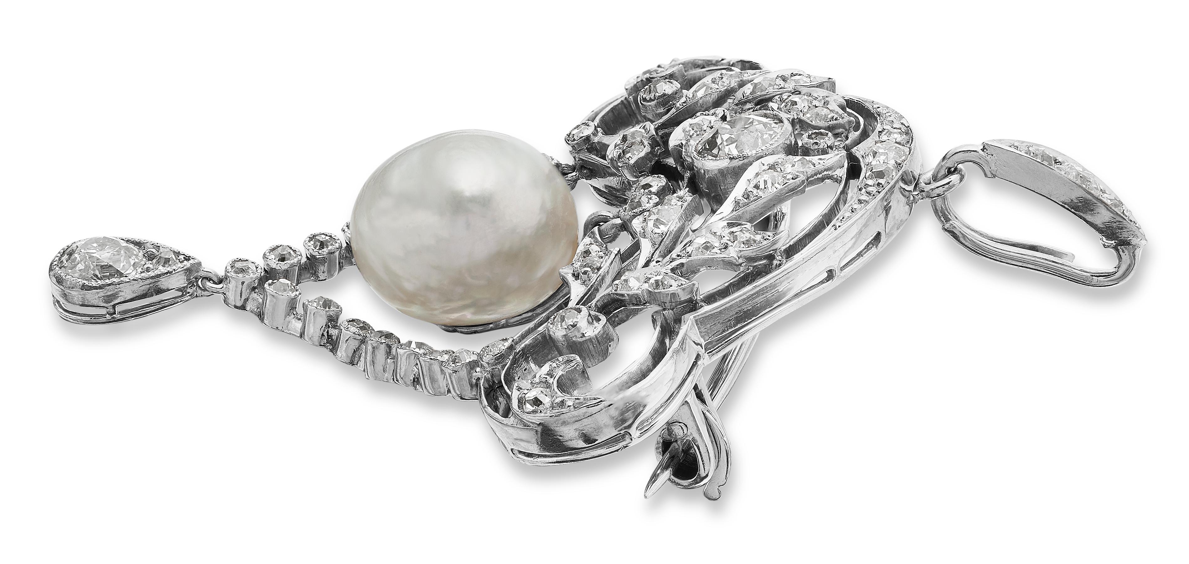 Old European Cut Antique Edwardian Natural Pearl (Certified) & Diamond Brooch/Pendant, in 18 K 