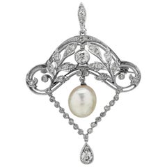 Antique Edwardian Natural Pearl (Certified) & Diamond Brooch/Pendant, in 18 K 