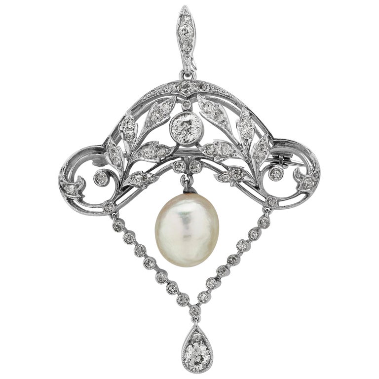 Antique Edwardian Natural Pearl (Certified) & Diamond Brooch/Pendant, in 18 K  For Sale