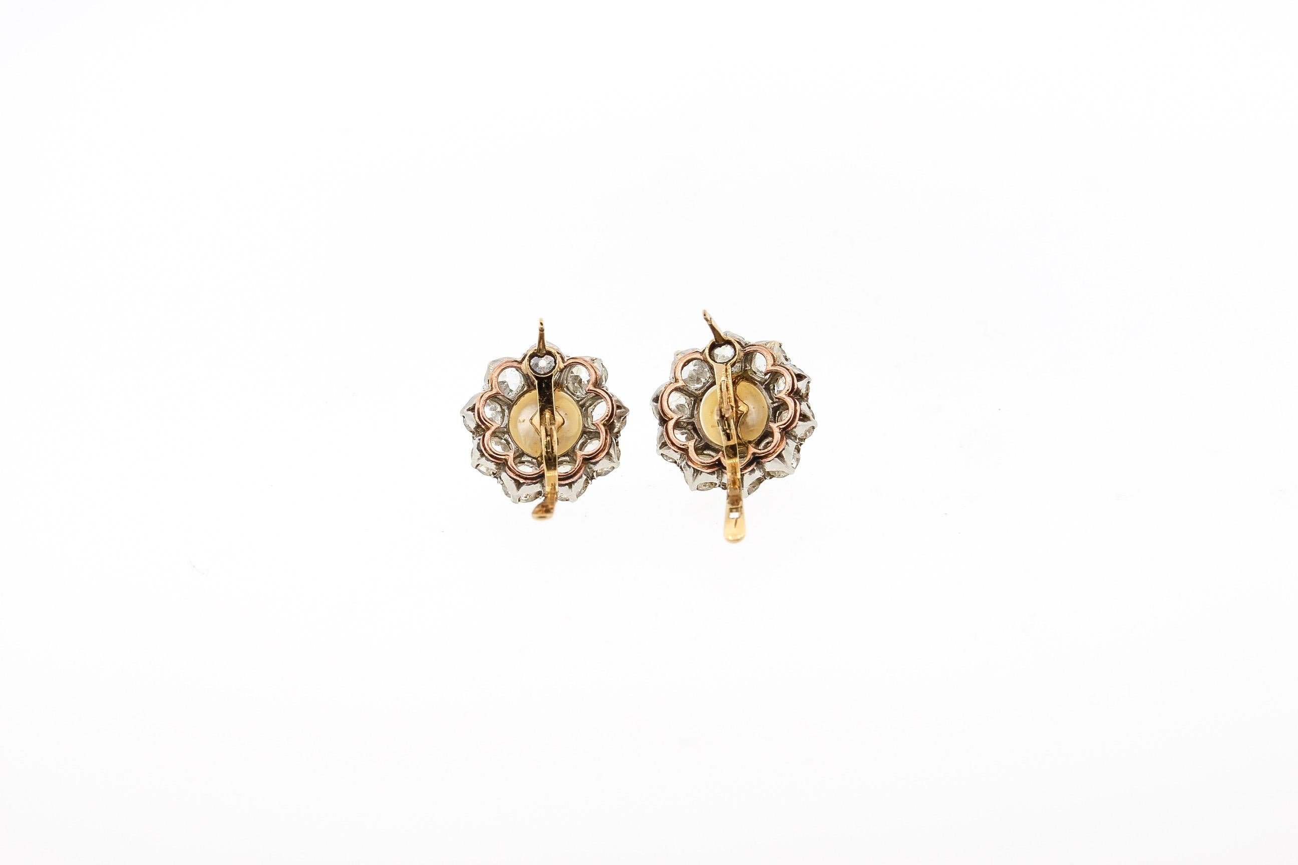 Antique Edwardian Natural Pearl Old Mine Cut Diamond Cluster Earrings In Good Condition In New York, NY