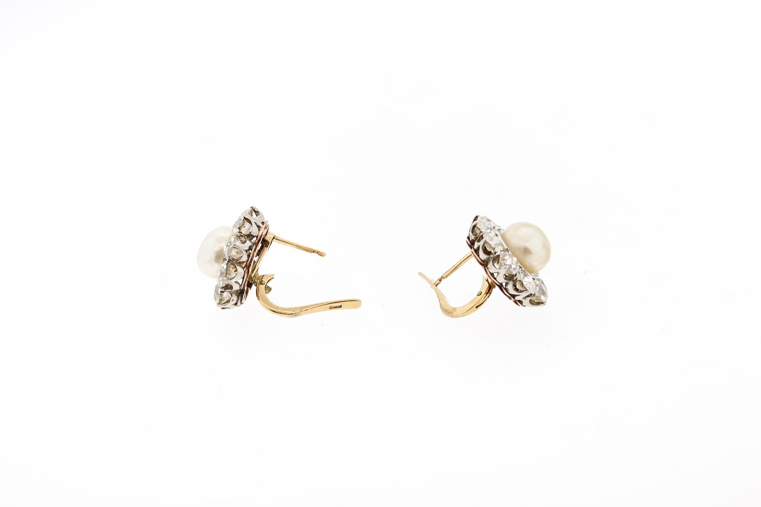 Women's or Men's Antique Edwardian Natural Pearl Old Mine Cut Diamond Cluster Earrings