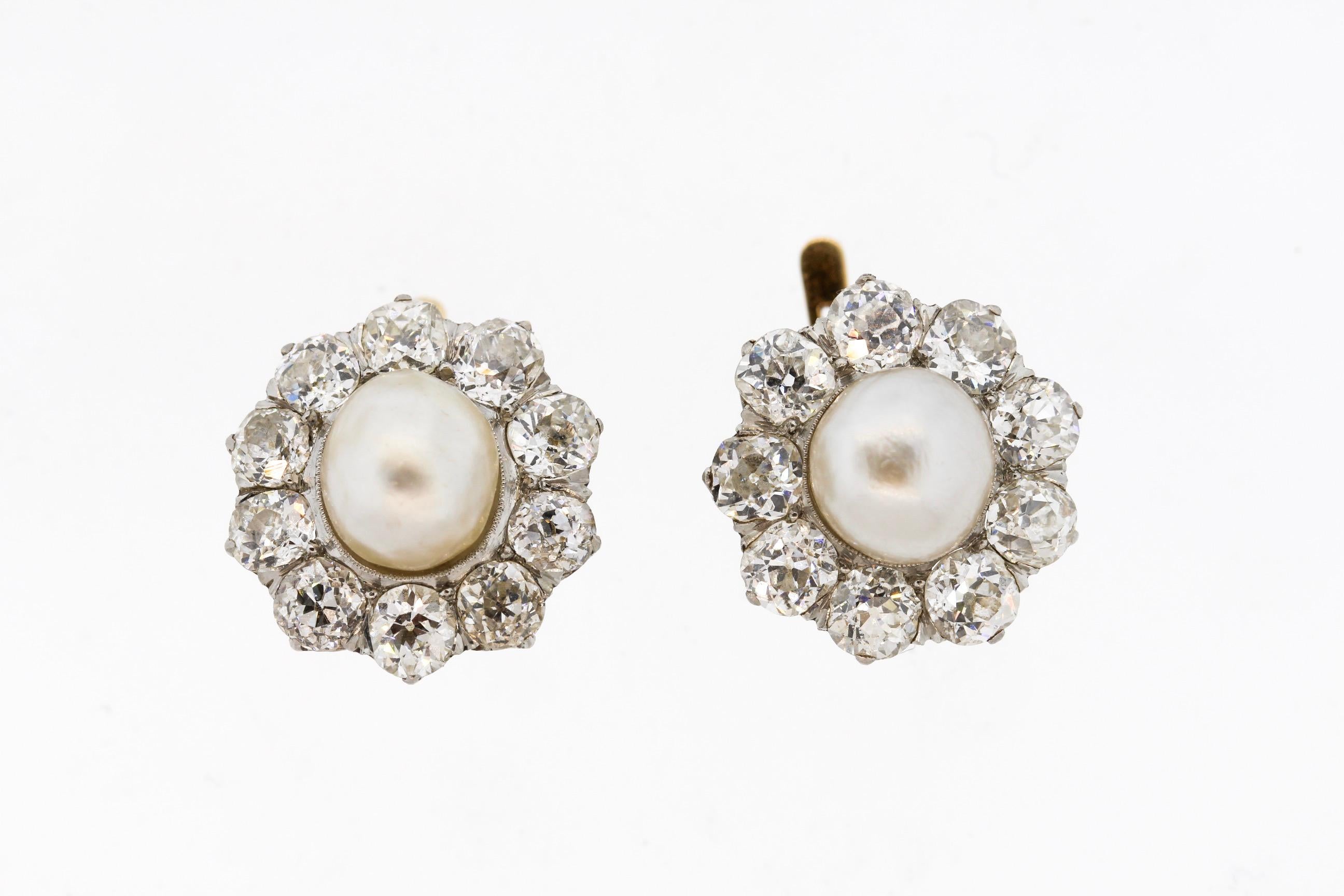 Antique Edwardian Natural Pearl Old Mine Cut Diamond Cluster Earrings 3