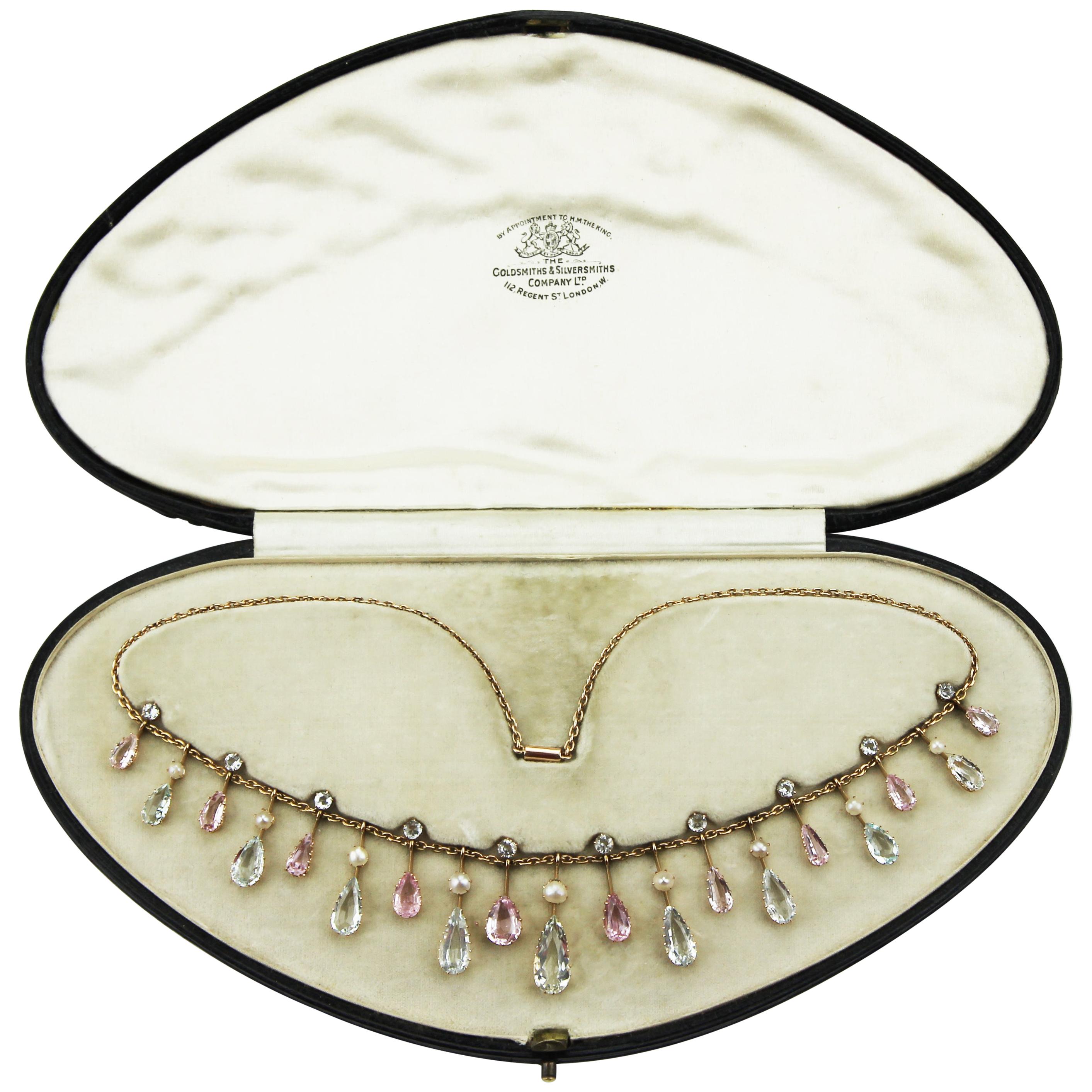Antique Edwardian Natural Pearls, Aquamarine, Topaz Fringe Necklace or Headpiece