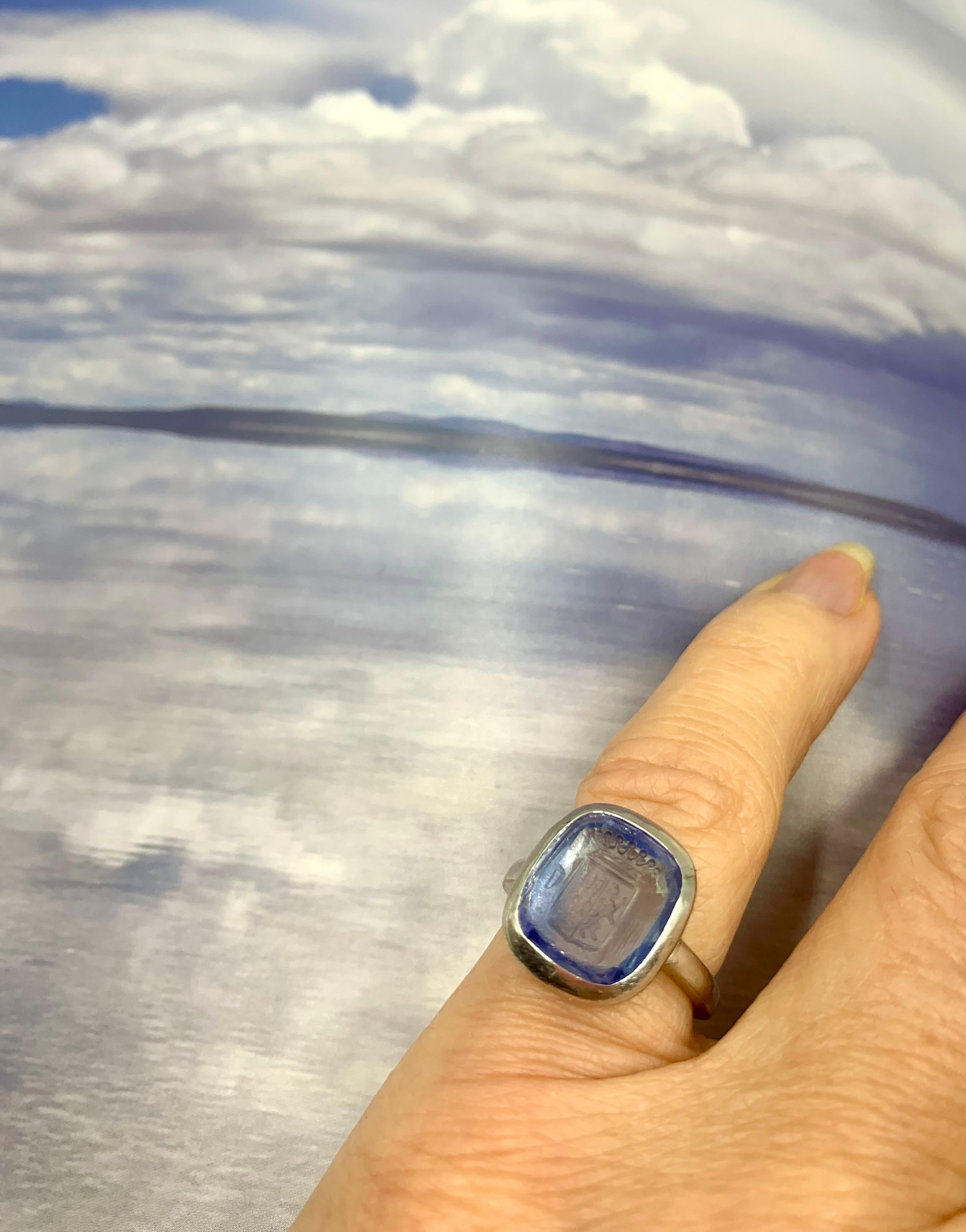 Antique Edwardian Natural Sapphire Intaglio Crest Platinum Signet Ring 5