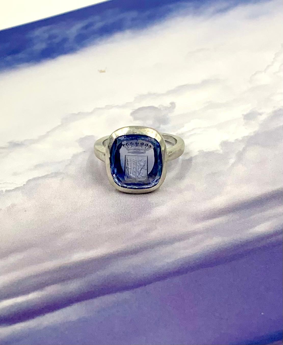 Antique Edwardian Natural Sapphire Intaglio Crest Platinum Signet Ring 6