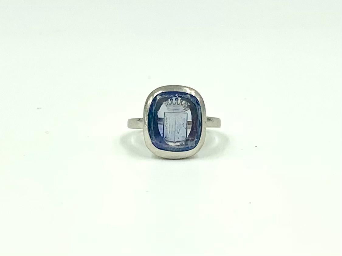 Antique Edwardian Natural Sapphire Intaglio Crest Platinum Signet Ring 7