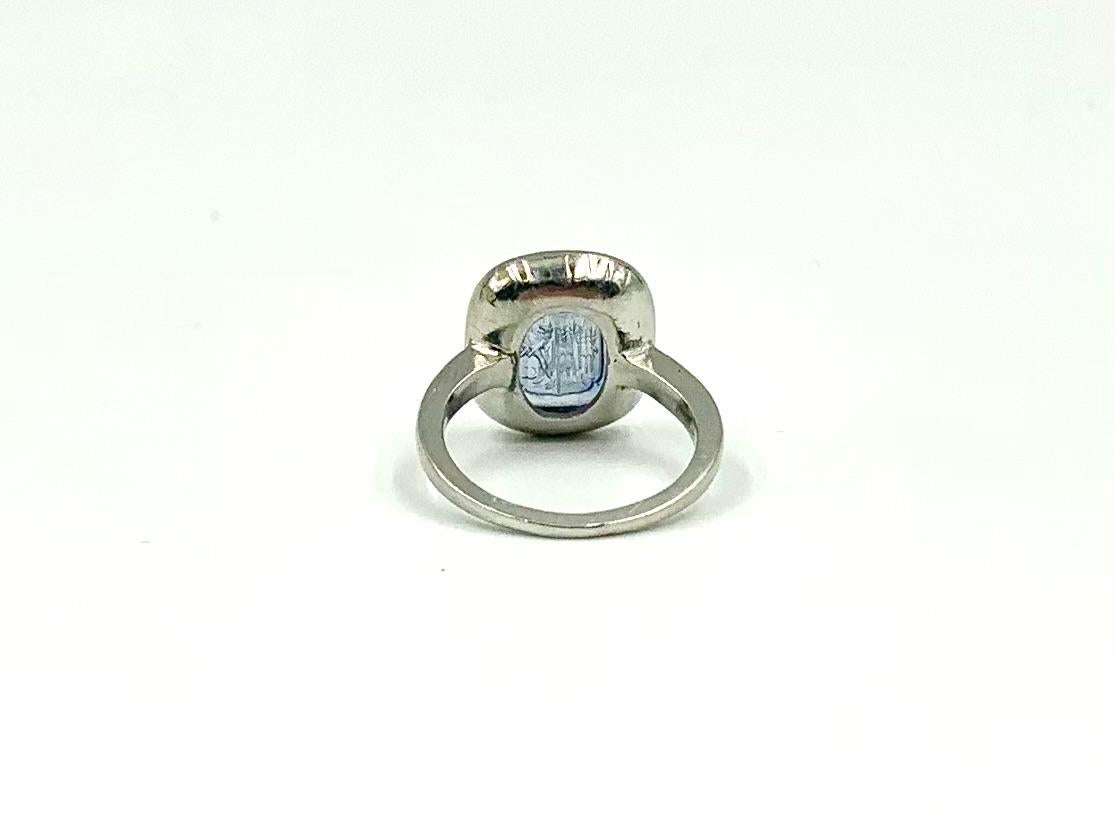 Antique Edwardian Natural Sapphire Intaglio Crest Platinum Signet Ring 1