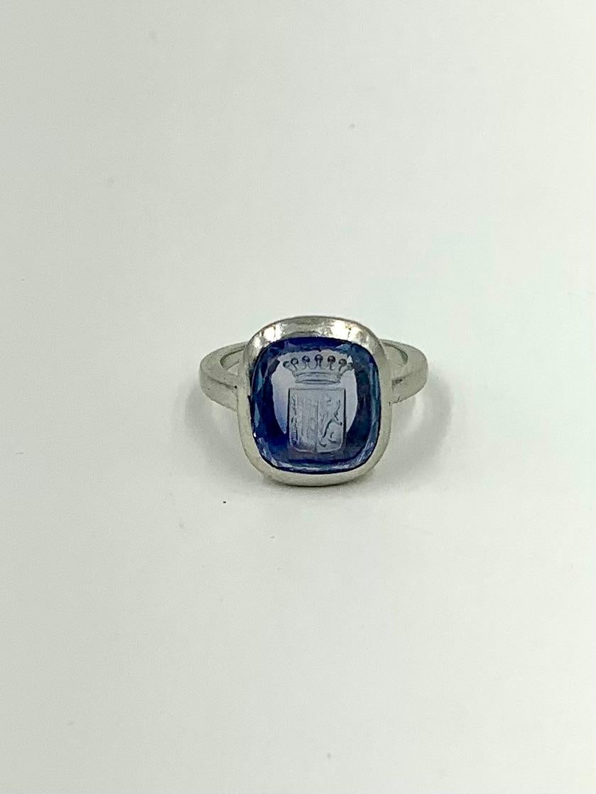 Antique Edwardian Natural Sapphire Intaglio Crest Platinum Signet Ring 3