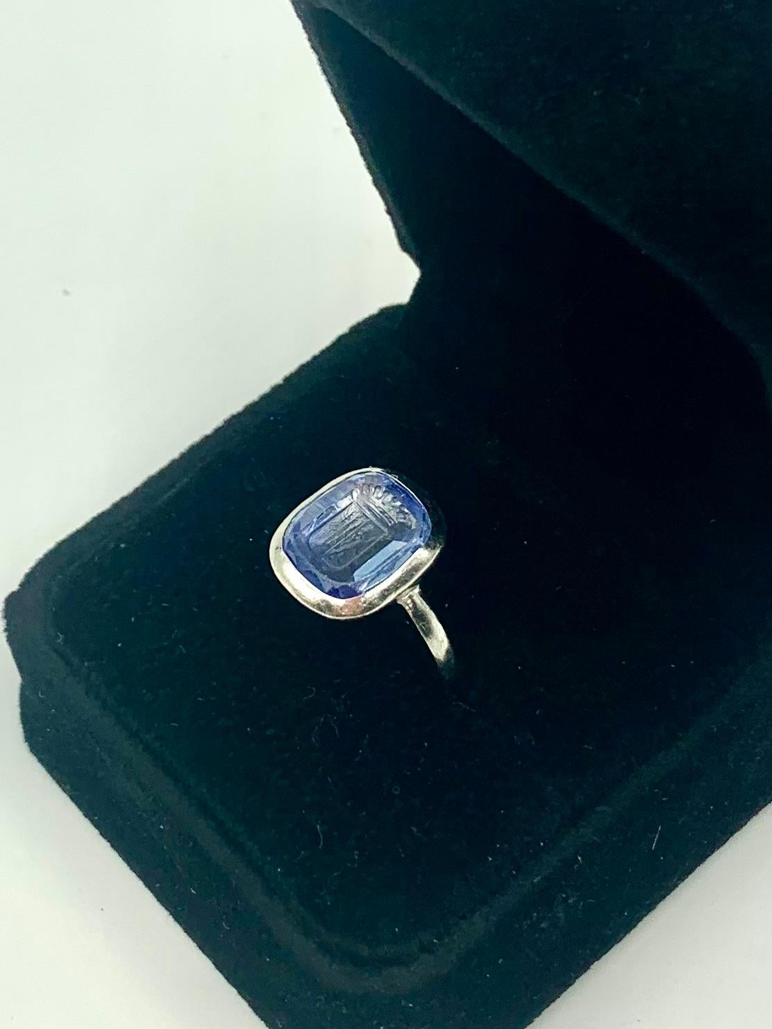 Antique Edwardian Natural Sapphire Intaglio Crest Platinum Signet Ring 4