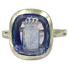 Antique Edwardian Natural Sapphire Intaglio Crest Platinum Signet Ring