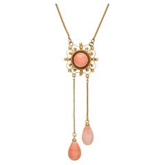 Collier négligé édouardien ancien en or jaune 18 carats et corail de 15,5 pouces