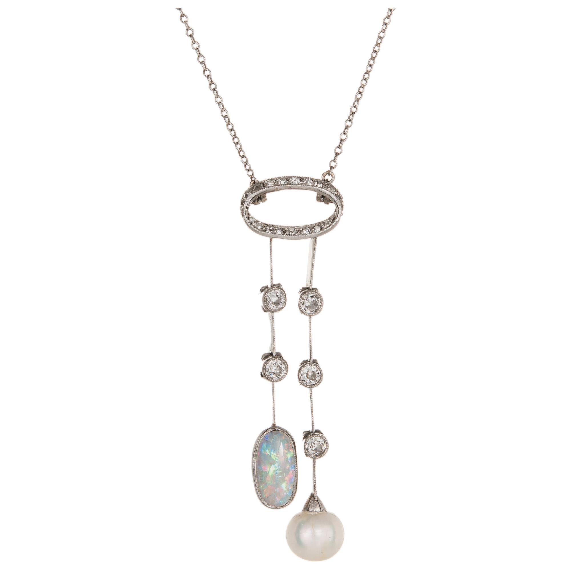 Antike Edwardian Negligee Halskette, Opal, Diamant, Perle, Platin, Vintage, Schmuck