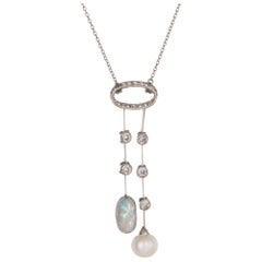 Used Edwardian Negligee Necklace Opal Diamond Pearl Platinum Vintage Jewelry