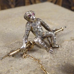 Antique Edwardian Novelty Hanging Paste set Monkey 9ct Gold and Silver Brooch
