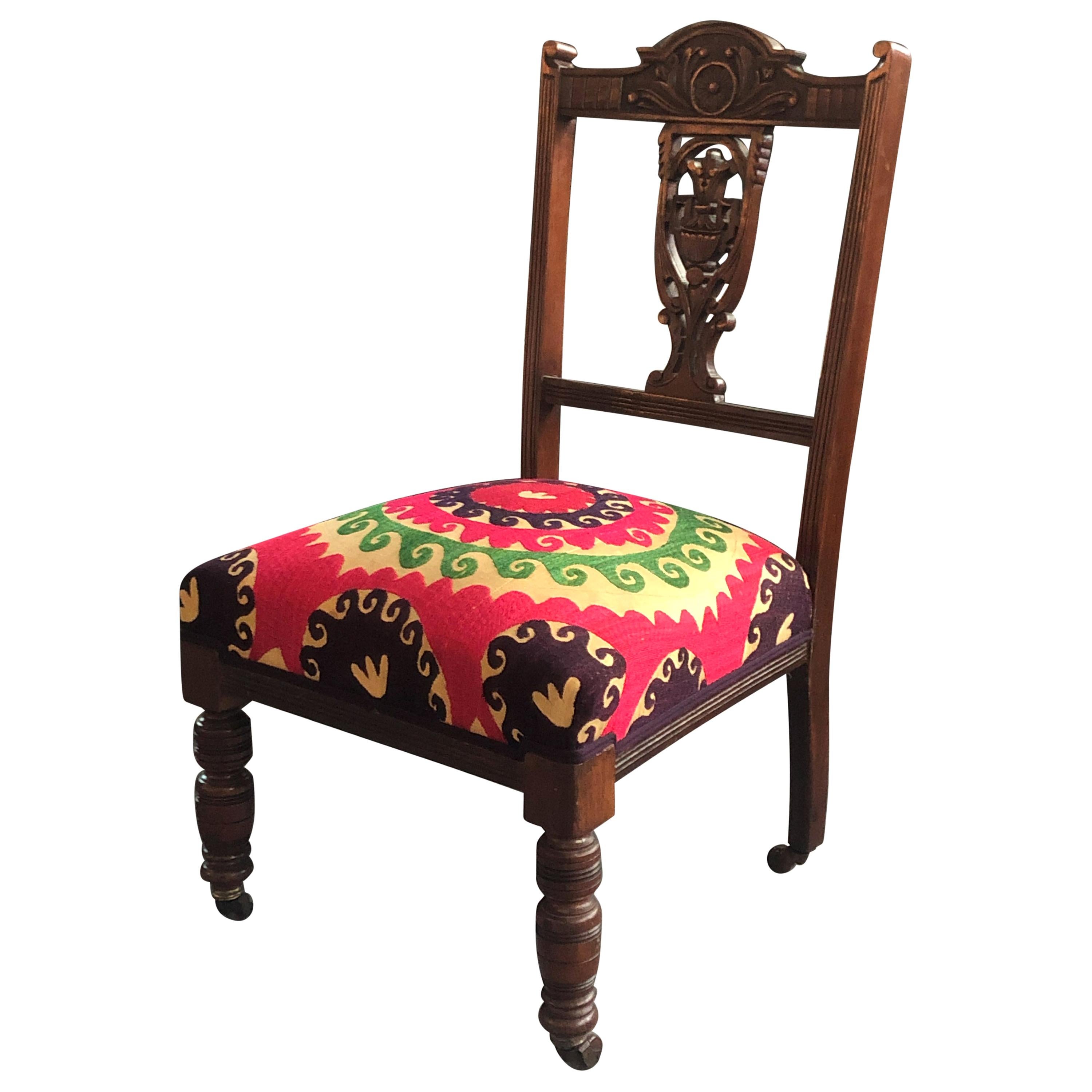 Antique Edwardian Nursing Chair 1850-1900 with Antique Suzani Fabric For Sale