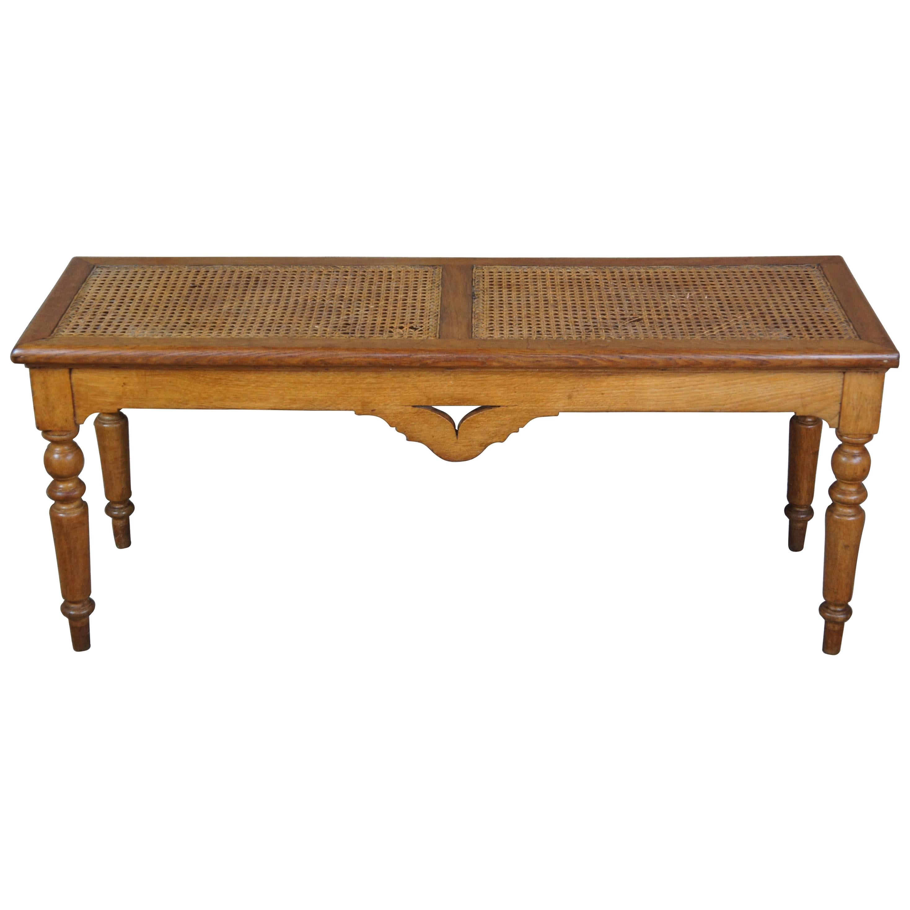 Antique Edwardian Oak Caned Bergère Window Hall Parlor Bench Duet Stool