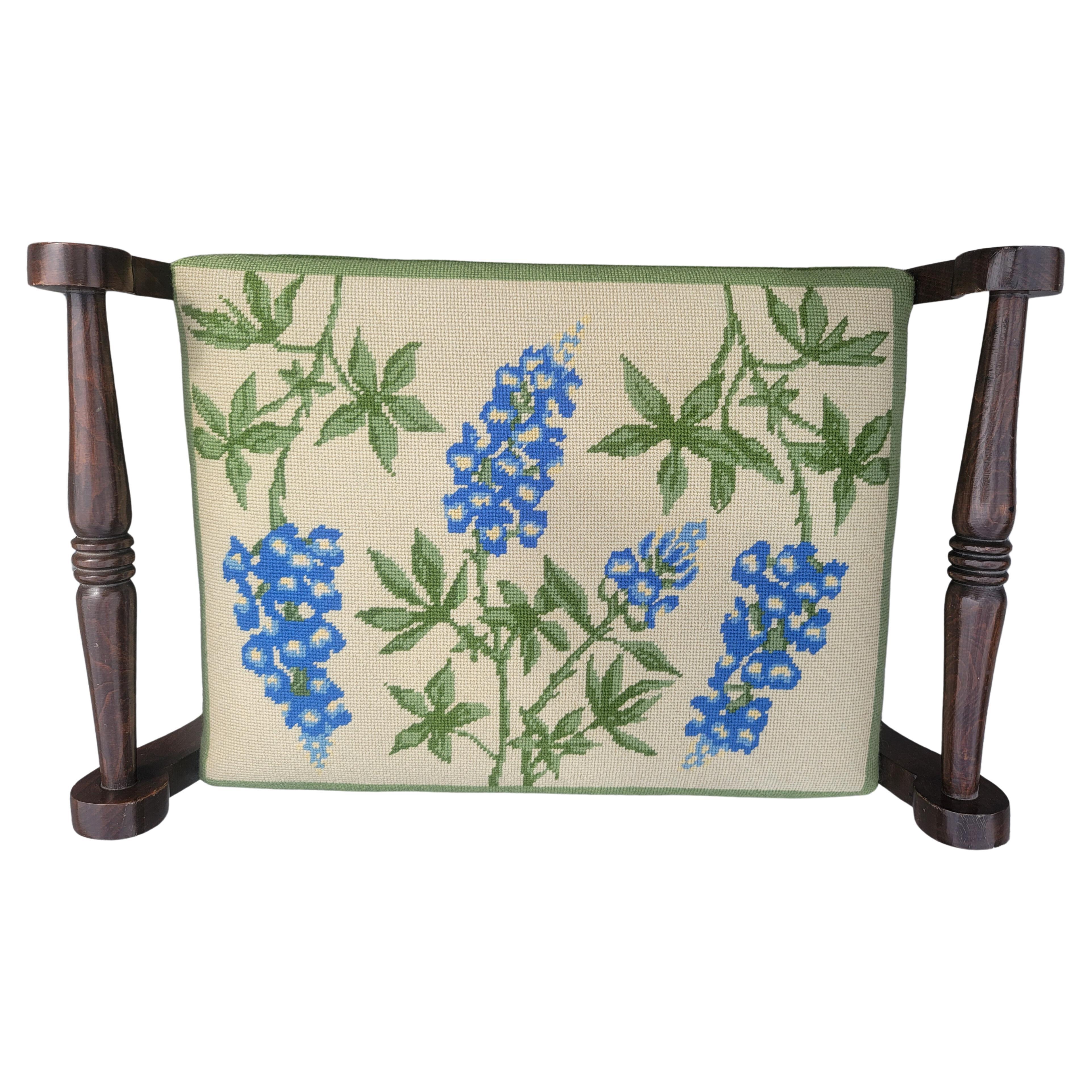 Upholstery Antique Edwardian Oak Needlepoint Upholstered Stool Bench, Circa 1910s