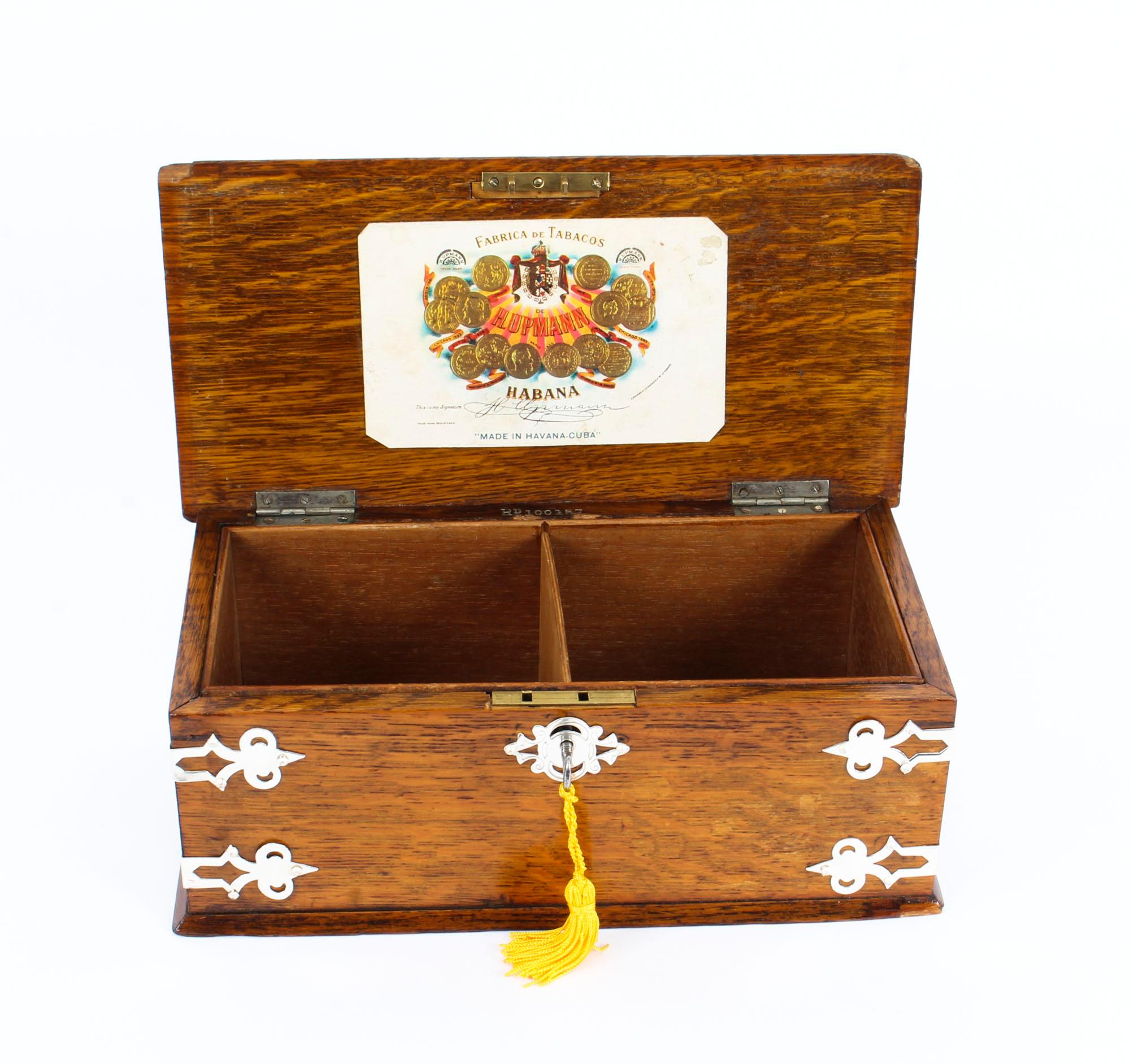 Antique Edwardian Oak & Silvered Mounted Cigar Trinket Box, Early 20th Century In Good Condition In London, GB