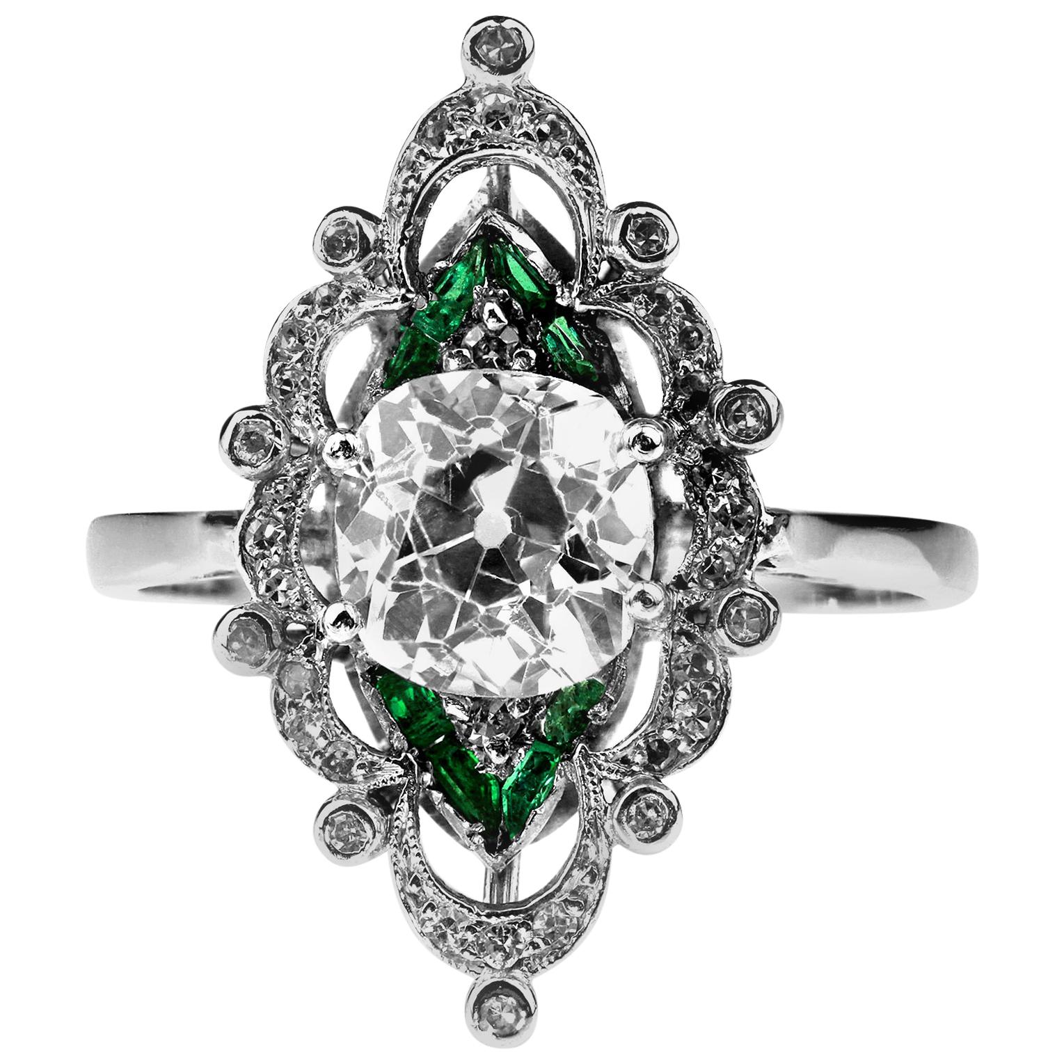 Antique Edwardian Old Cut Cushion Diamond 2.0cts & Emerald Ring in Platinum For Sale