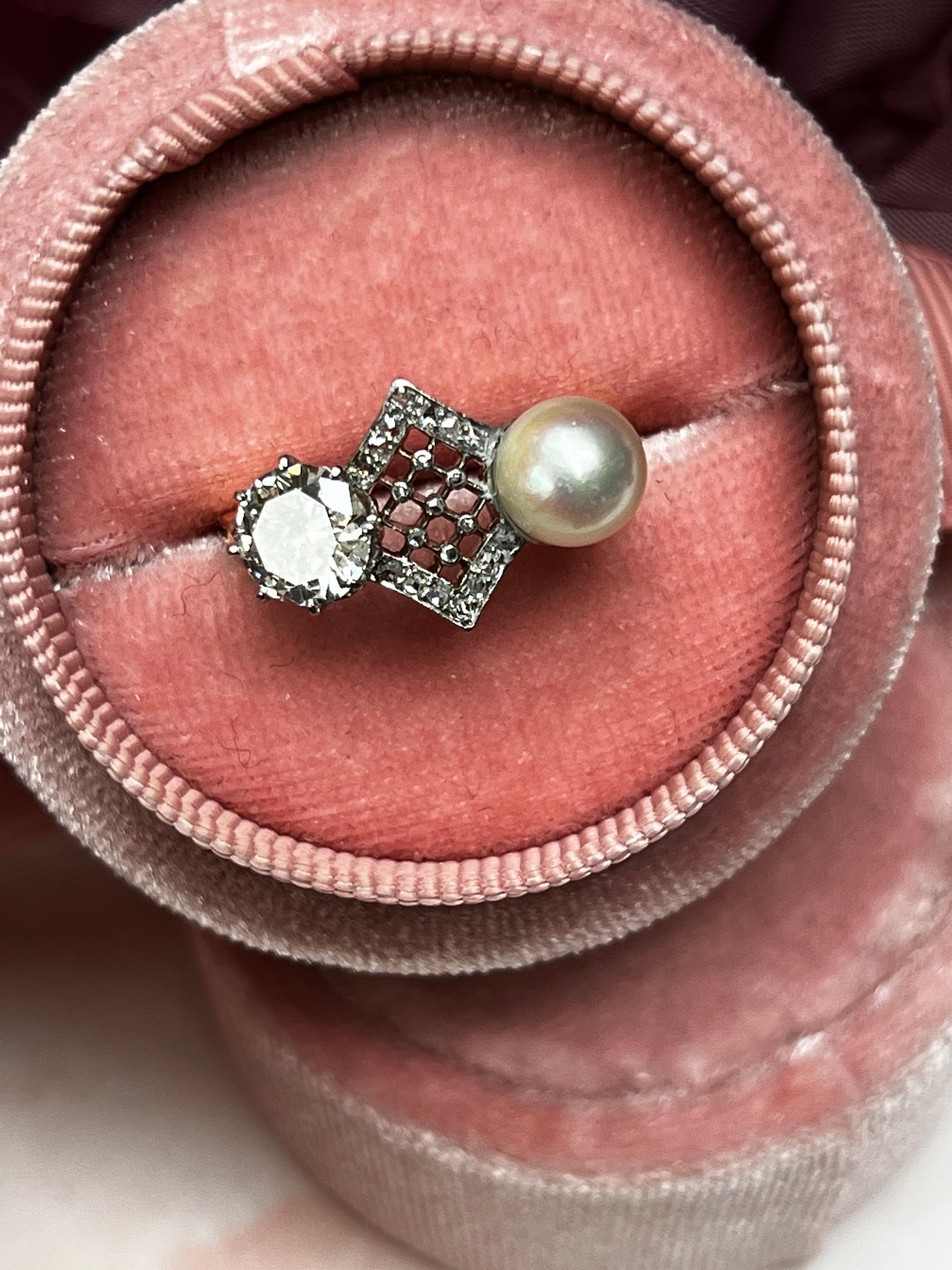Old European Cut Antique Edwardian Old Cut Diamond and Natural Pearl Ring