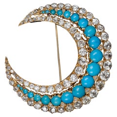 Antique Edwardian Old Cut Diamond Turquoise Crescent Moon Brooch Pendant Gold