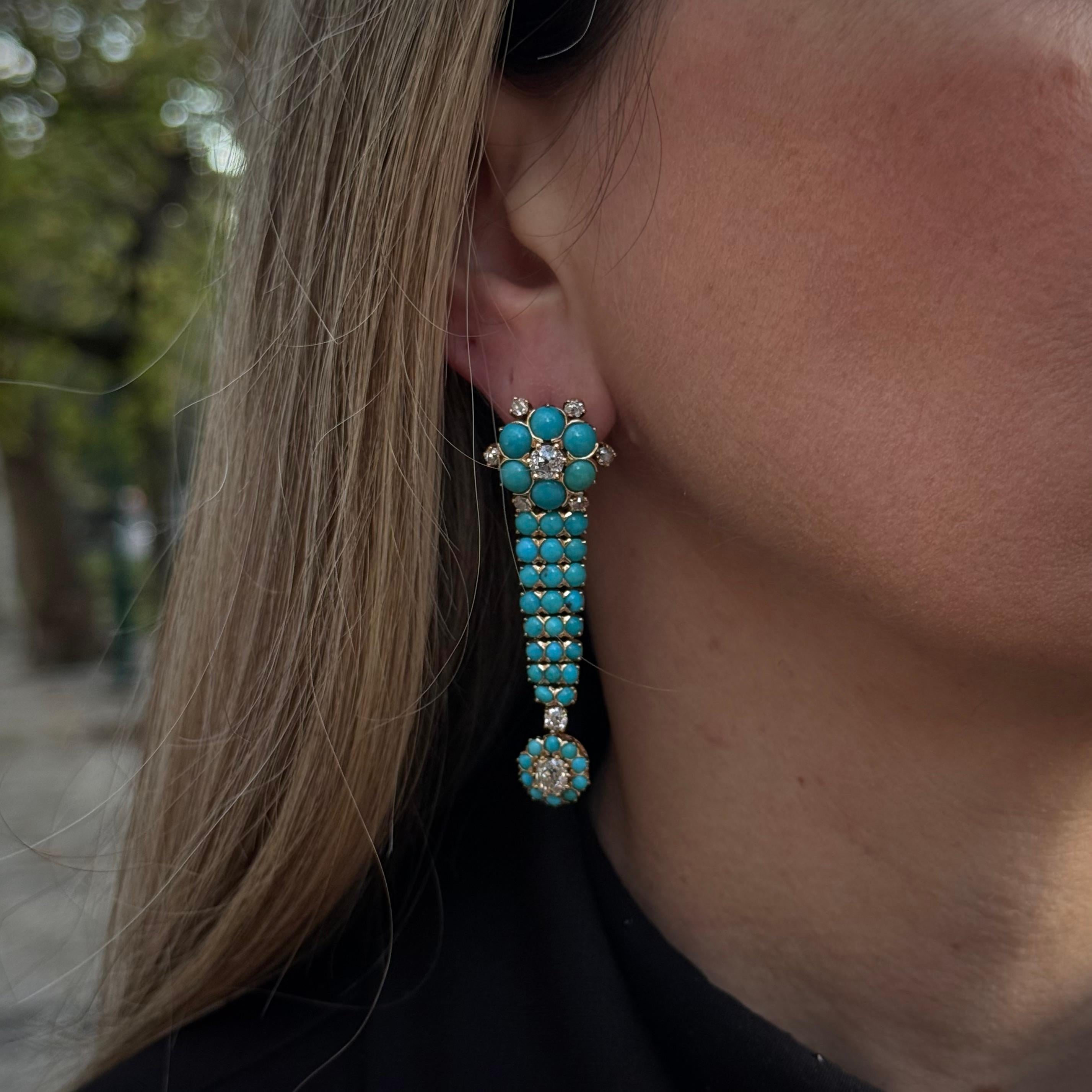 Antique Edwardian Old Cut Diamond Turquoise Drop Earrings Gold Early 1900s 5