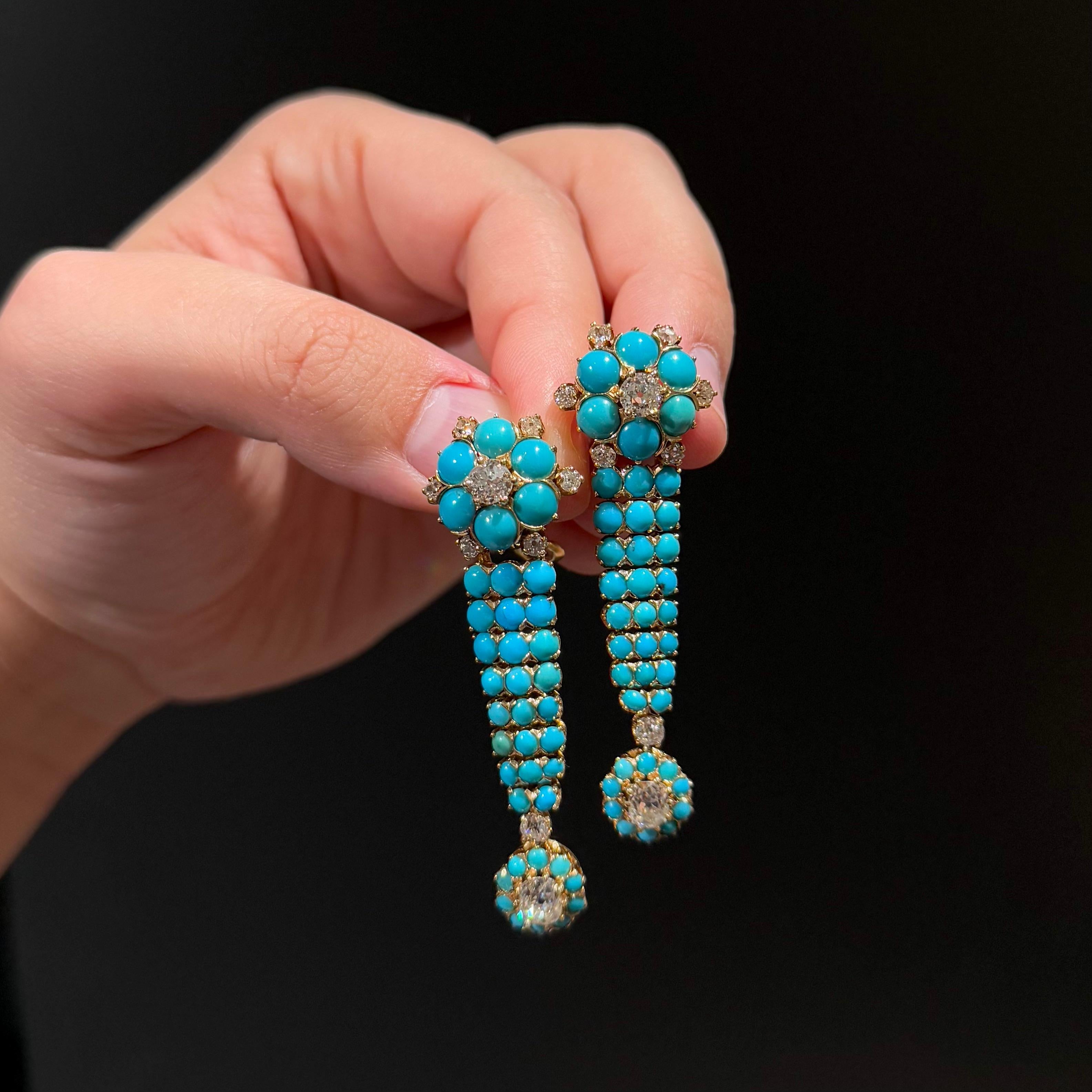 Antique Edwardian Old Cut Diamond Turquoise Drop Earrings Gold Early 1900s 6