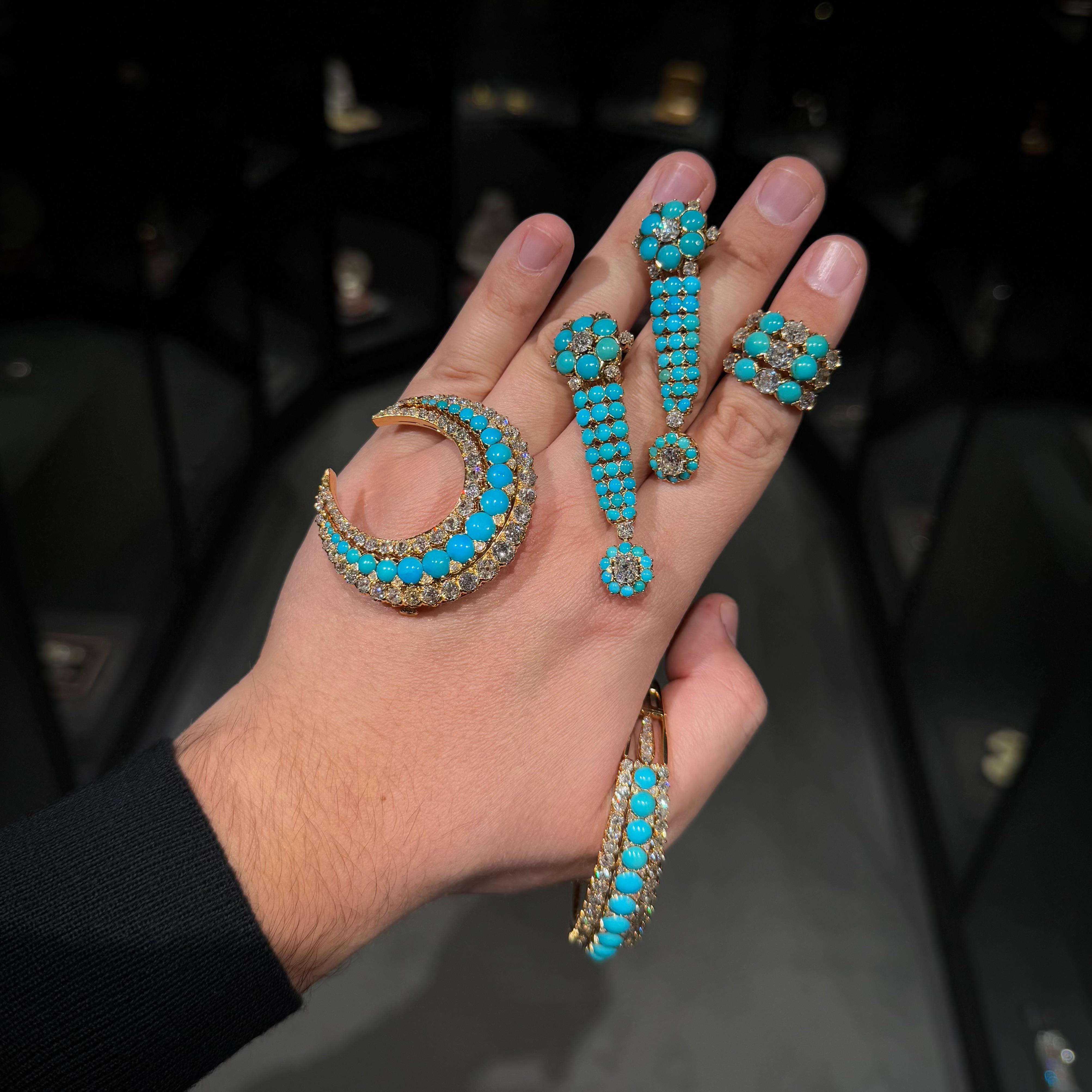 Antique Edwardian Old Cut Diamond Turquoise Drop Earrings Gold Early 1900s 9