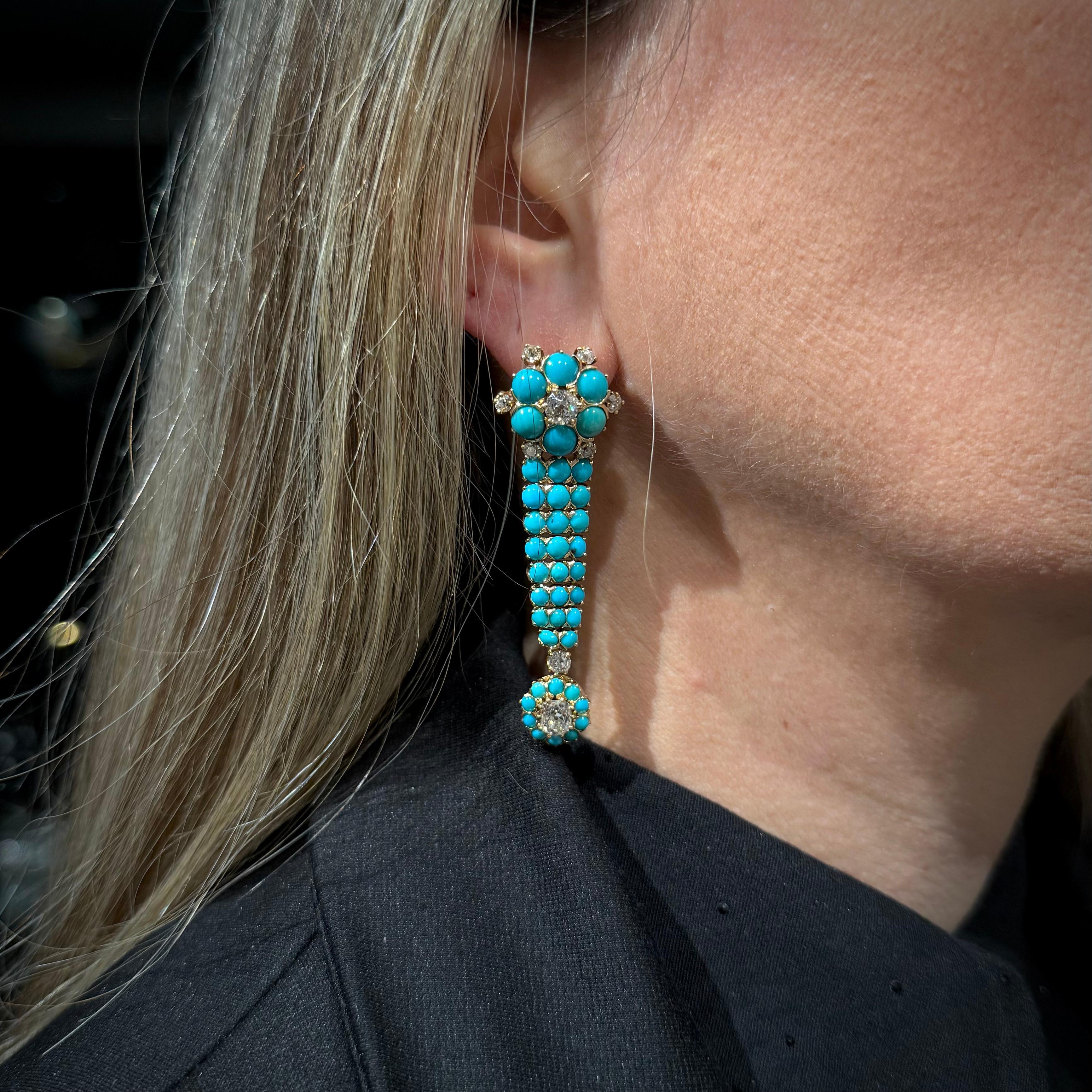 Antique Edwardian Old Brilliant-Cut Diamond and Turquoise Drop Earrings in Yellow Gold, Early 1900s.

A magnificent example of Edwardian artistry, this exquisite pair of earrings embodies the refined elegance of the early 20th century. Each earring