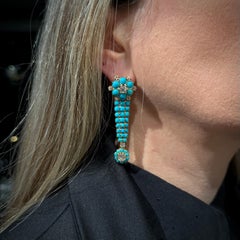 Antique Edwardian Old Cut Diamond Turquoise Drop Earrings Gold Early 1900s