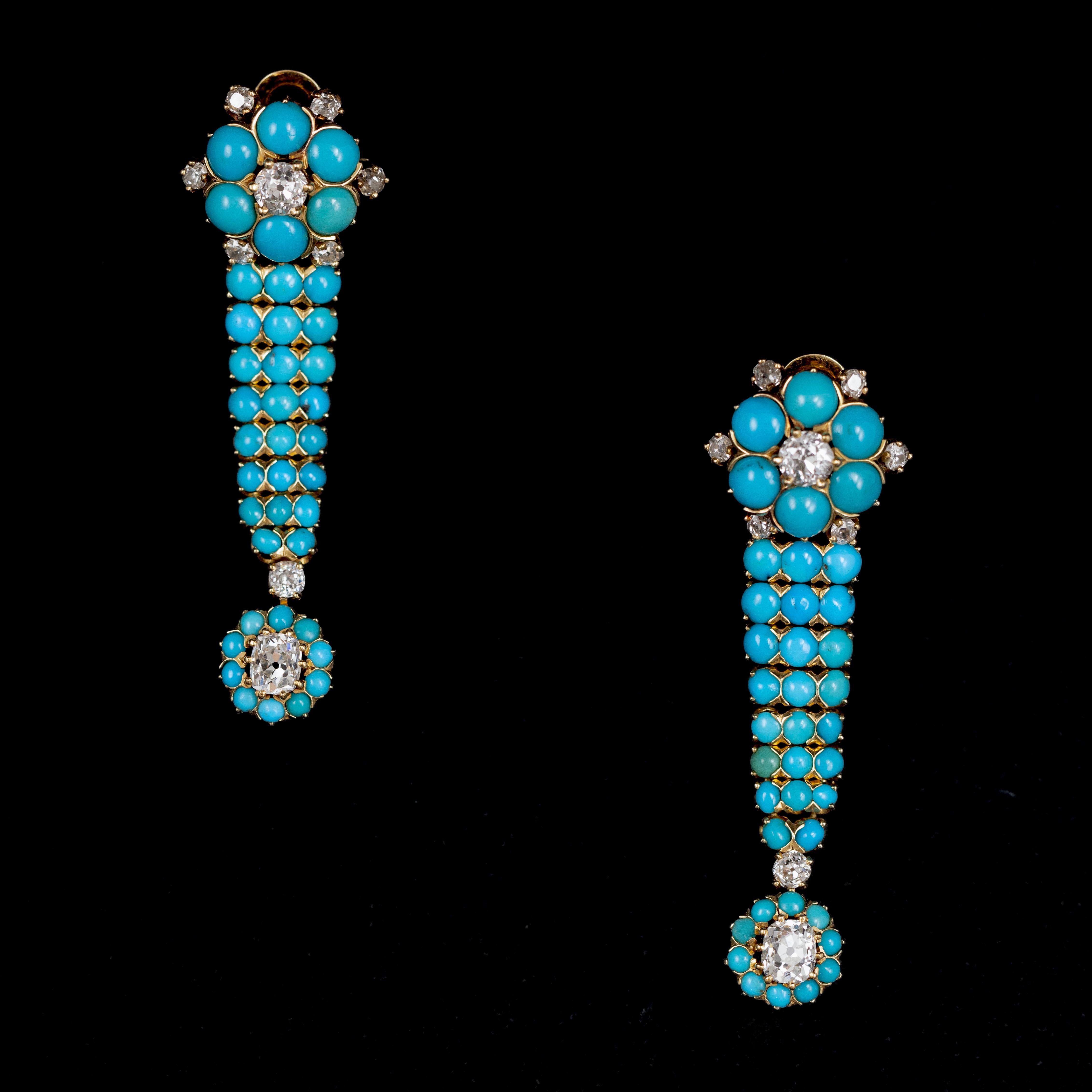 Old European Cut Antique Edwardian Old Cut Diamond Turquoise Drop Earrings Gold Early 1900s