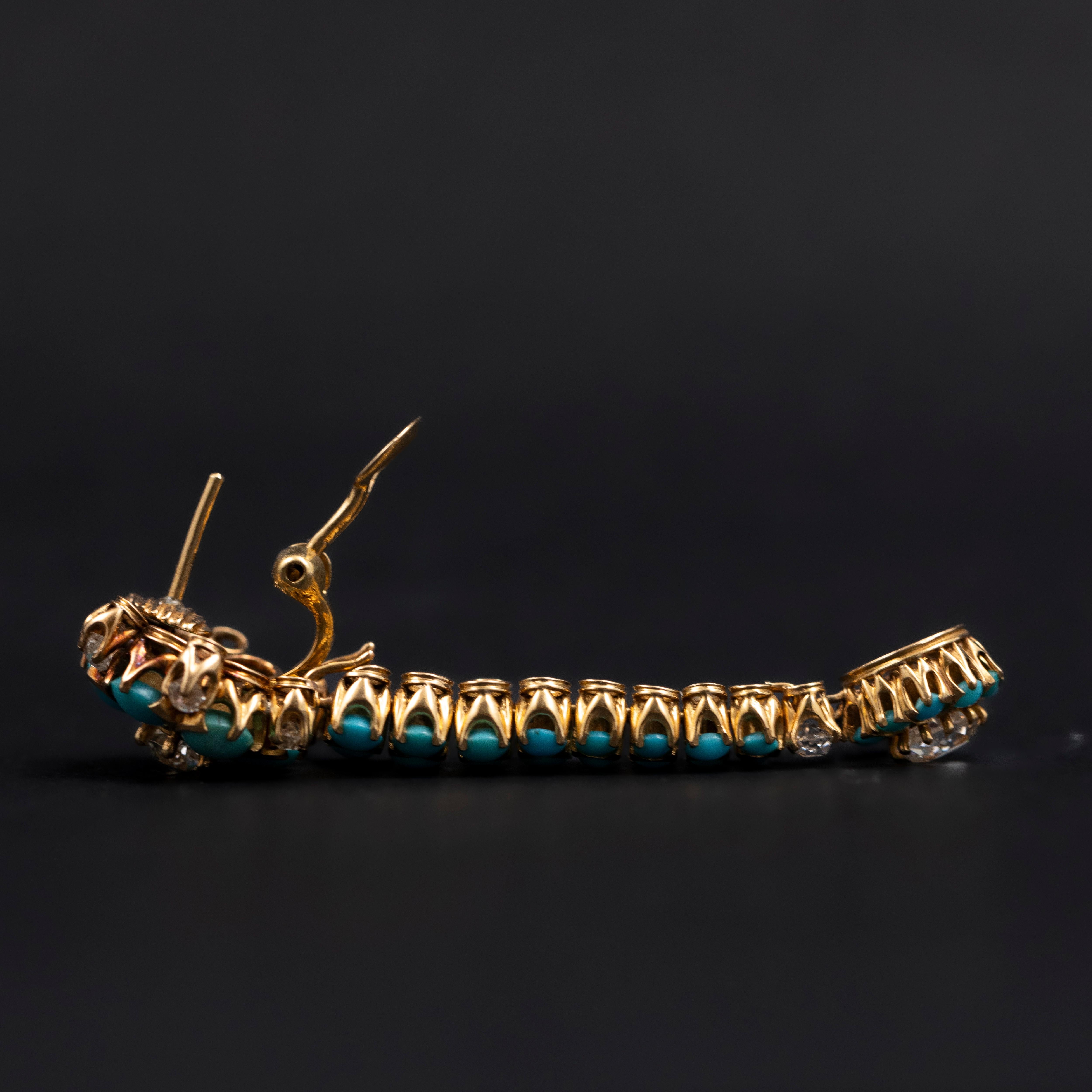 Antique Edwardian Old Cut Diamond Turquoise Drop Earrings Gold Early 1900s In Good Condition In Lisbon, PT