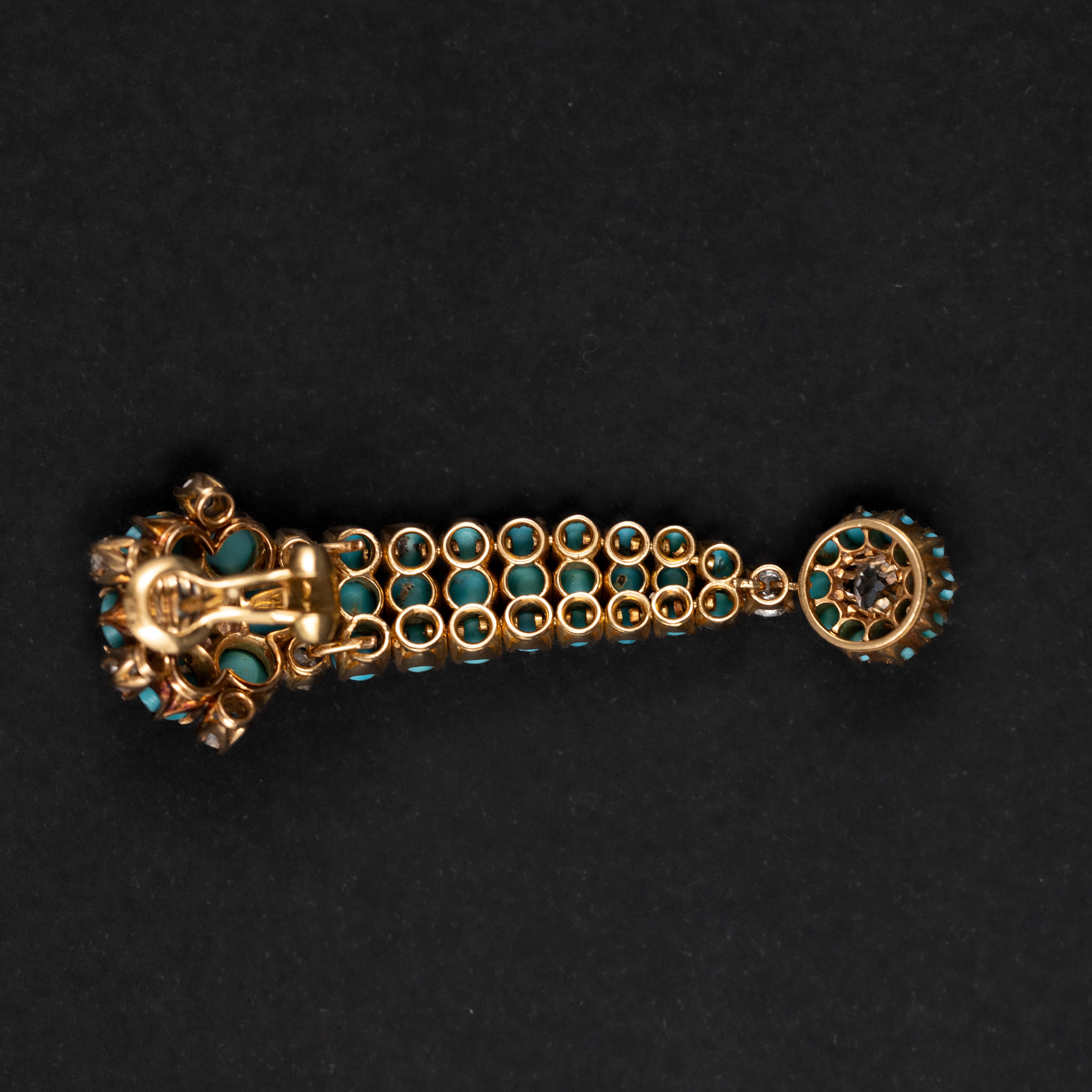 Women's or Men's Antique Edwardian Old Cut Diamond Turquoise Drop Earrings Gold Early 1900s