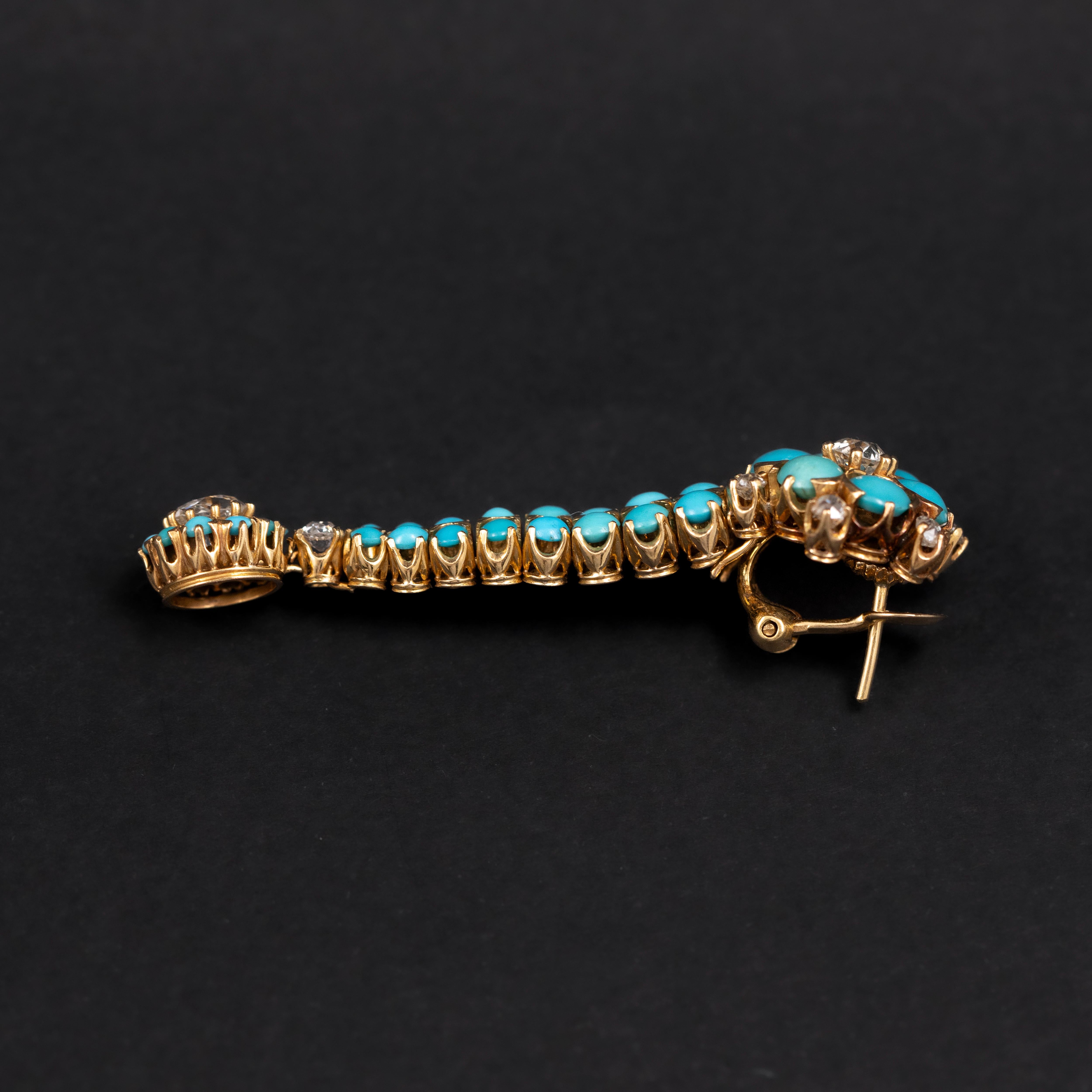 Antique Edwardian Old Cut Diamond Turquoise Drop Earrings Gold Early 1900s 1