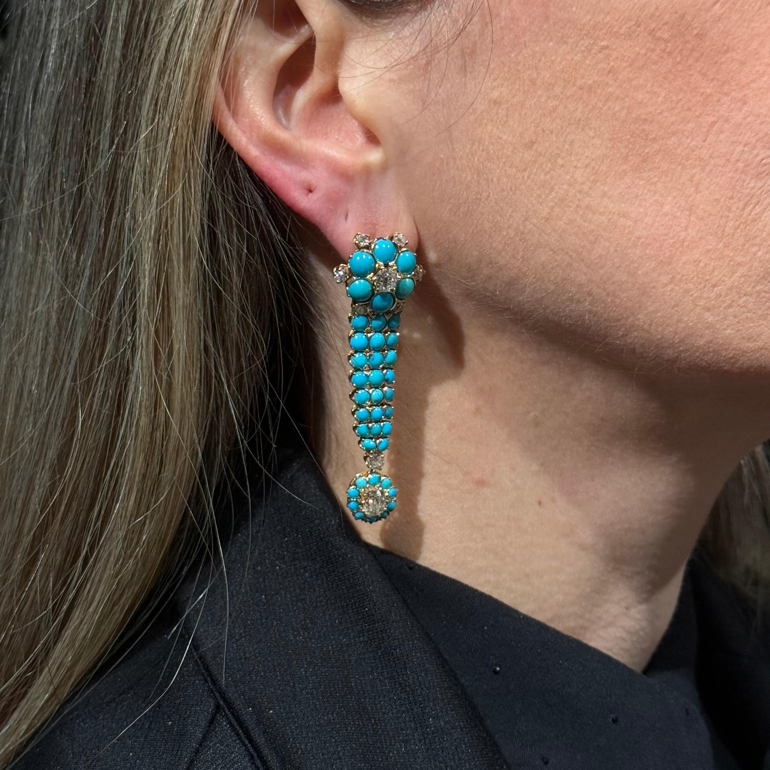 Antique Edwardian Old Cut Diamond Turquoise Drop Earrings Gold Early 1900s 3
